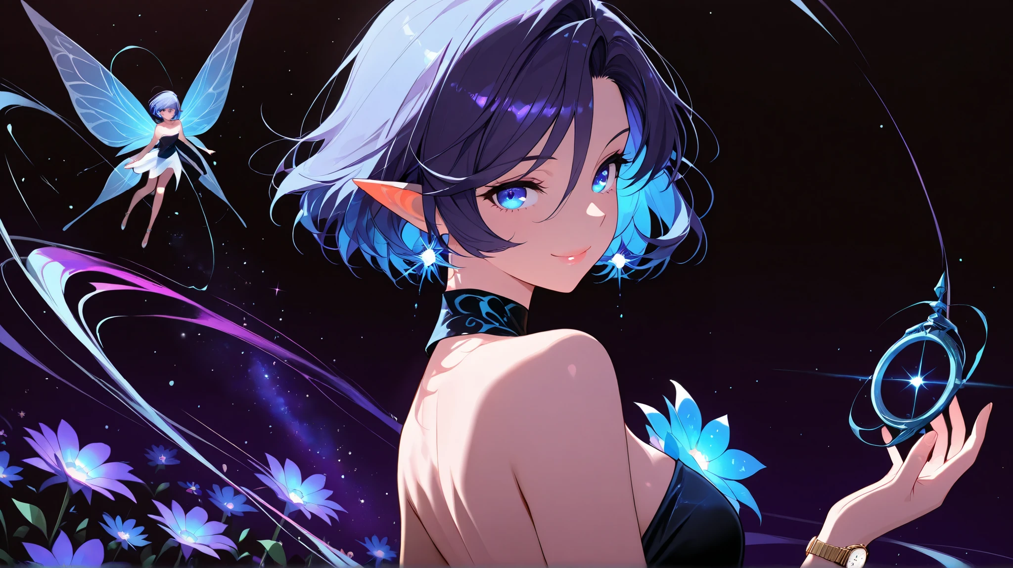 ( masterpiece), (( Best Quality )), ( Super Fine ), (Clean Elegant Face), (Side Light, beautiful eyes with exquisite detail: 1.2), particle, wind, flower, upper body, From the side, fairy short hair , Smooth back, Pointed ears, Smile, Lips parted, Black Strapless Dress, Sleeveless, Rift, clavicle, Dark Colored Elegant Background, watch the audience , galaxy,Blue-purple hue