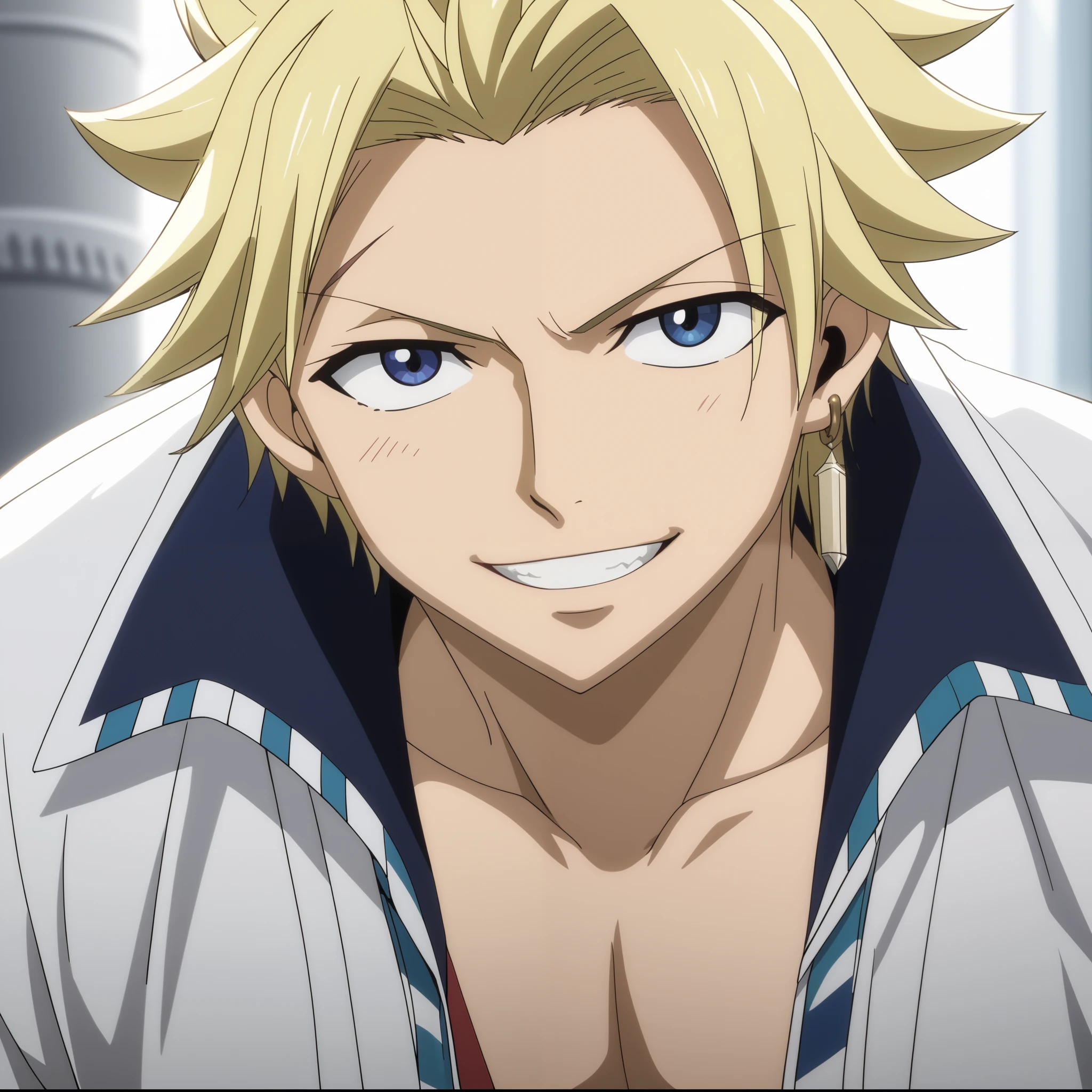 close-up, looking at viewer, score_9, score_8_up, score_7_up, source_anime, StingFT, Sting blonde hair, light yellow Sting, 1boy, male focus, anime screencap, a white men's jacket with black details, which fits his athletic figure. Underneath, he wears a black long sleeved T-shirt. His pants are dark and tight fitting, and he completes the look with white fingerless gloves that add a modern touch. He also usually wears a belt with a decorative buckle. Official style, smile, happy