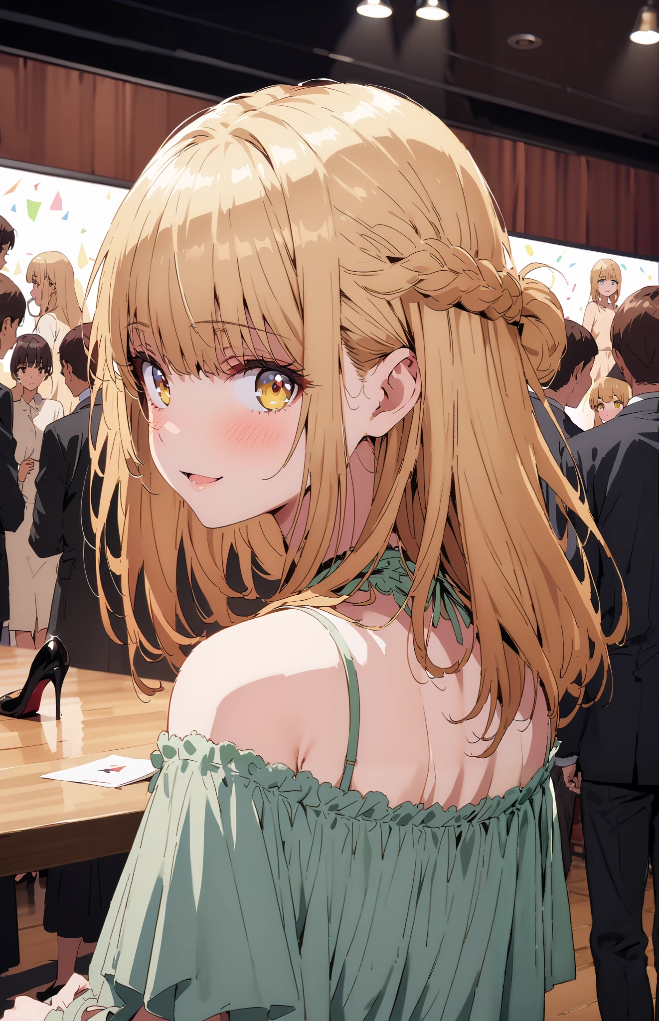 It's so dizzying, Mahiru Shiina, Alone,bangs, blonde hair, brown hair, yellow eyes, half up do, off shoulder dress,A dress that shows your back,Long slit, pin heels, egg looking back in the vagina,smile,blush, open your mouth, table, beautiful night view with depth, pin heels,crowd, like the whole body is in the illustration,
break indoors, party venue, stage,
break looking at viewer,
break ( Masterpiece:1.2), best quality , kampala, Unity 8K Wallpaper ,(shape:0.8),( fine, beautiful eyes :1.6),It's a person , full body photo,CG Details , ( perfect hands, complete anatomy),