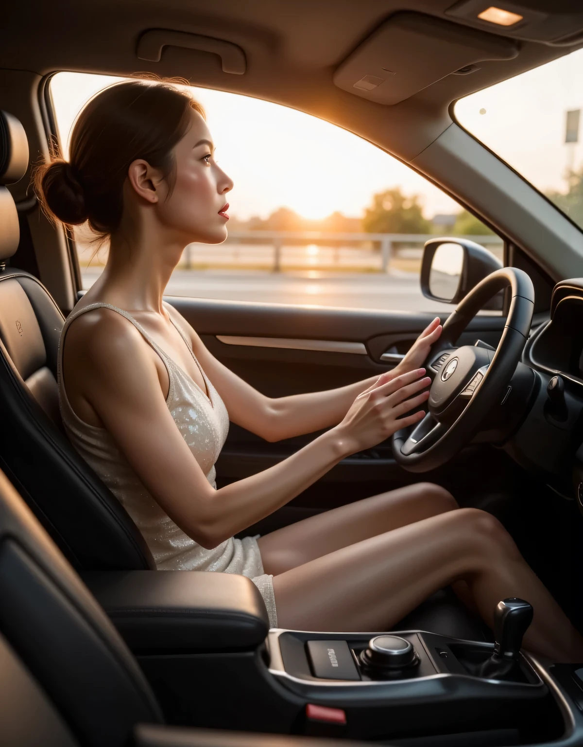  perfect configuration,  proper placement in office clothes,  golden ratio,  masterpiece,  best quality,  from side:1.331,  beautiful Japanese women drive cars, In the downtown area at night:1.331,  Central Expressway piloted by women , Domestic cars , sunset,  DESIGNER DRESS ,   have small heads ,  brown hair,   chignon hair with testicles:1.21,   dynamic lighting ,    an expression of absolute beauty   ,