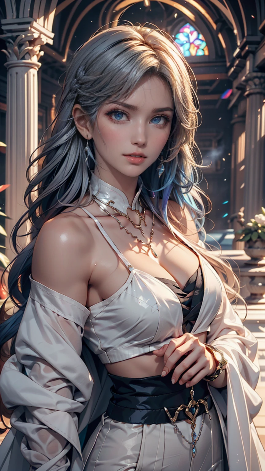(extremely detailed CG unity 8k wallpaper), (((masterpiece)), ((best quality)), ((extremely delicate and beautiful)), realism, very pretty girl, green eyes, masterpiece, best quality, purple clothes, detailed clothes, details in clothes, very detailed, purple T-shirt, skirt, neon lights, Rococo, Facial skin comes to life、exquisite, 8k wallpaper, black ribbon, White bow, real, The original, long hair, super long hair, with bangs, white hair, accessories, jewelry, Ribbon necklace, period, wristband, seductive smile, Excited, heart shaped pupils, look up, look up, permanent, extremely delicate and beautiful, Dynamic angle, Navel exposed, head tilt, Expand, fighting stance,