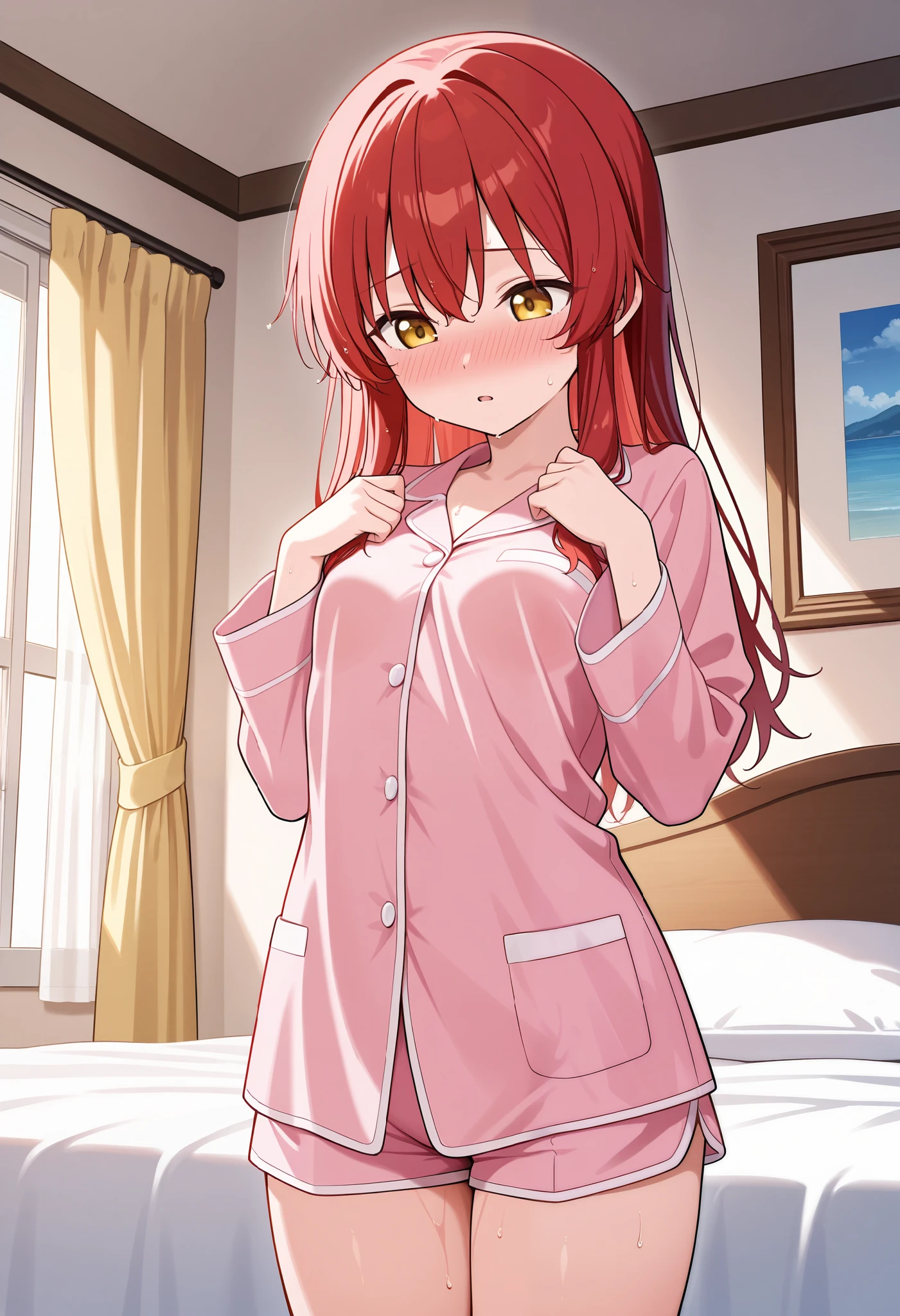 One anime girl , white, long red hair, in sexy pyjamas on bed , one pillow,