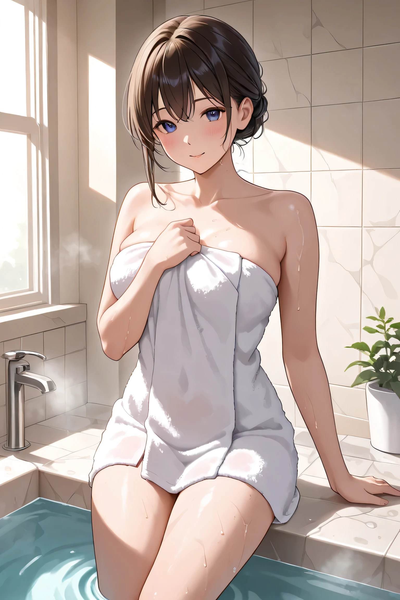  woman wrapping a bath towel around her body in an open-air bath、Age 30、 beauty。