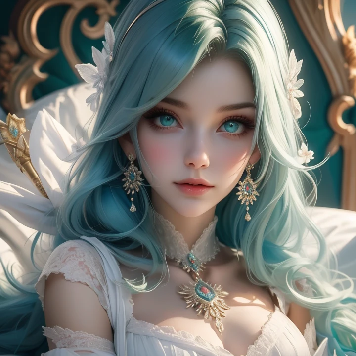 true masterpiece, a beautiful gorgeous fairy princess woman, light blue hair, light blue eyes, symmetrical eyes, detailed eyes, high quality eyes, perfect eyes, light blue dress, perfect face, light blue eyeshadow makeup on her eyes, eyeliner, very long beautiful eyelashes, light blue necklacke, light blue tiara on her head, high quality face, realistic, photorealistic, shiny skin, (masterpiece:1.5), concept art, intricate details, highly detailed, octane render, 8k, unreal engine, dynamic pose, best quality, highres, pale skin, beautiful makeup, stunning beauty, very long eyelashes, 32k, high dynamic range, ultra realistic, highly detailed, high definition, extraordinary, stunning, beautiful, serene, normal proportions, perfect anatomy, realistic face, realistic eyes, highly detailed face, highly detailed body, high details, intricate clothing, glowing shadows, beautiful gradient, depth of field, clean image, extremely detailed face, highly detailed background, perfection, dreamy, gentle face, flowing, bright, bright background, sparkles in background, rays of light, plump lips, dazzling eyes, foreground, top of her dress is visible