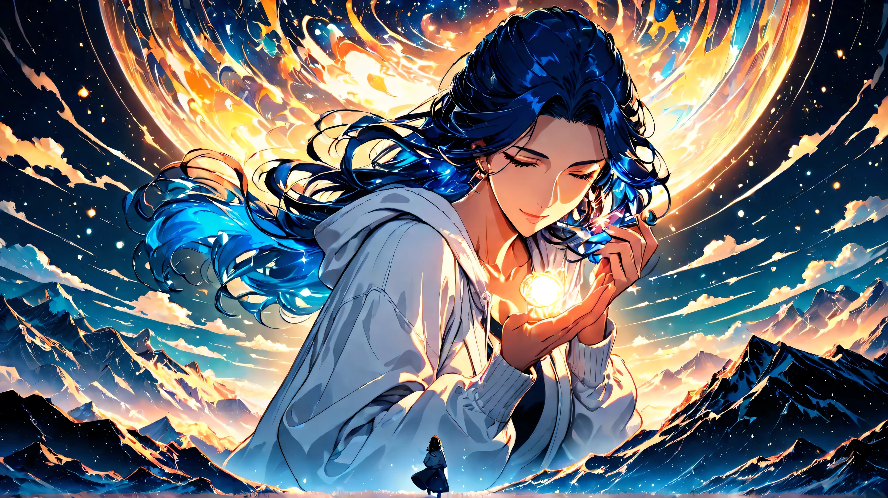 
Masterpiece, Best Quality, Top Quality, Very Detailed, A serene anime-style girl with long, flowing dark blue hair stands on a hilltop under a starry night sky. She wears a cozy white hoodie and dark shorts, her soft gaze reflecting the moonlight. The wind gently lifts her hair, adding a sense of calm and mystery. The background is a dreamy, deep blue landscape with glowing particles floating around, evoking a peaceful yet ethereal atmosphere. The scene is beautifully illuminated by soft ambient light, creating a mesmerizing and tranquil vibe.