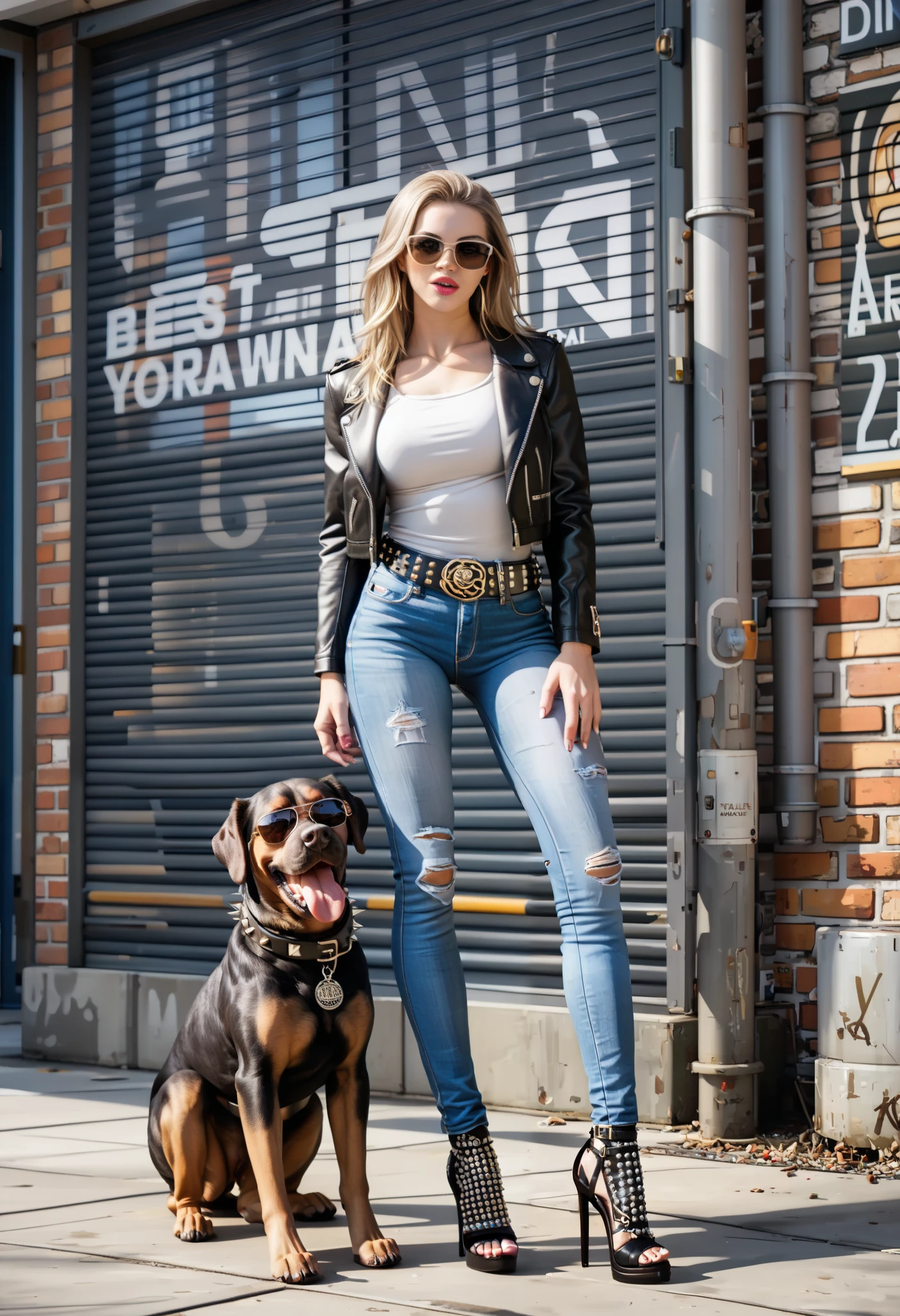((( best proportions 、 Height、 long legs、The best beautiful girl、(A white 20-year-old with a tall nose and a big mouth)、 Long Light Brown Hair )))、(( sunglasses、 leather riders jacket 、Bad attitude、Tight denim、Distressed denim、Studded belt、 black high heels))、(( Bad Girl with a Criminal Record 、I'm walking with a ferocious black mastiff dog、 Threatening Her Surrounding Area 、The dim back streets of New York、Desolate Warehouse District 、 at dusk ))