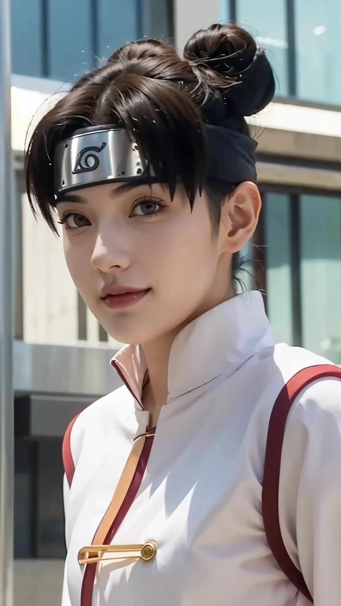 a close up of a person with short hair and a white jacket, tenten, tenten from naruto shippuden, as an anime character, perfect anime face, she has brown hair with bangs, shemale anime character, anime character, anime best male, hime cut hairstyle, brown hair, black eyes, smile, realistic, ultra detail, city background, (beautiful face:1.3)