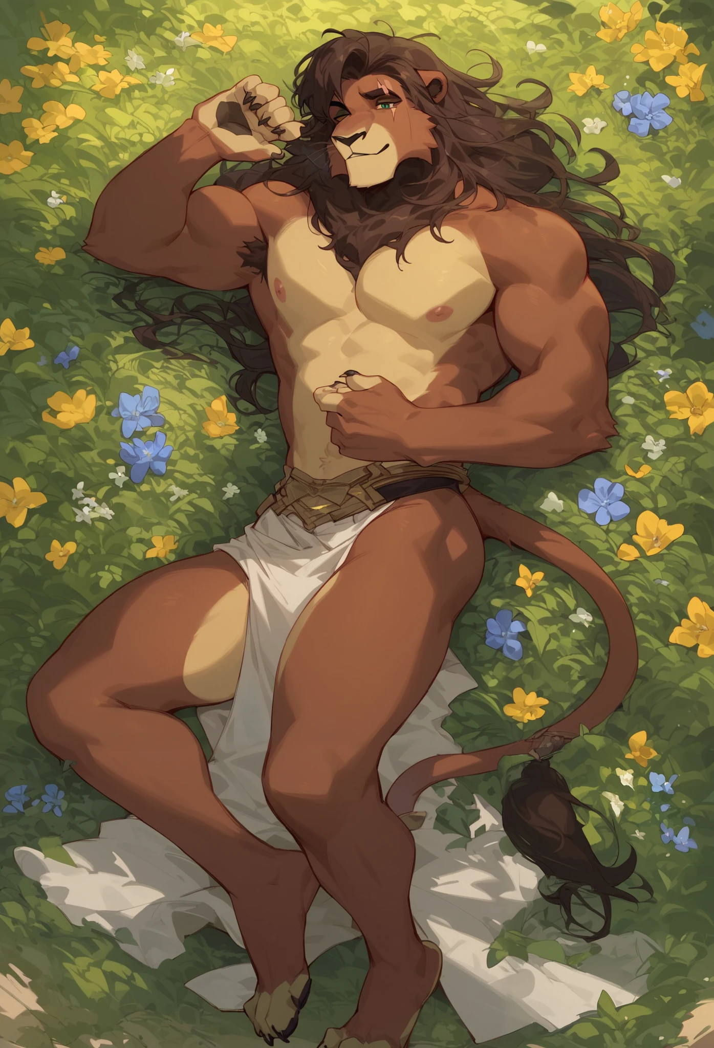 Score_9, Score_8_up, Score_7_up,
(( Best Quality )), absurd ,KovupXL , eye scar , muscular body, Toy Doll, male, 1 boy , Full Body Portrait, Lie down,Pinch your nipples, bare his upper body, Black loincloth, Compa, 趴在 Compa上, Flowers, sunshine,smooth, Japanese Anime, expressiveness ,