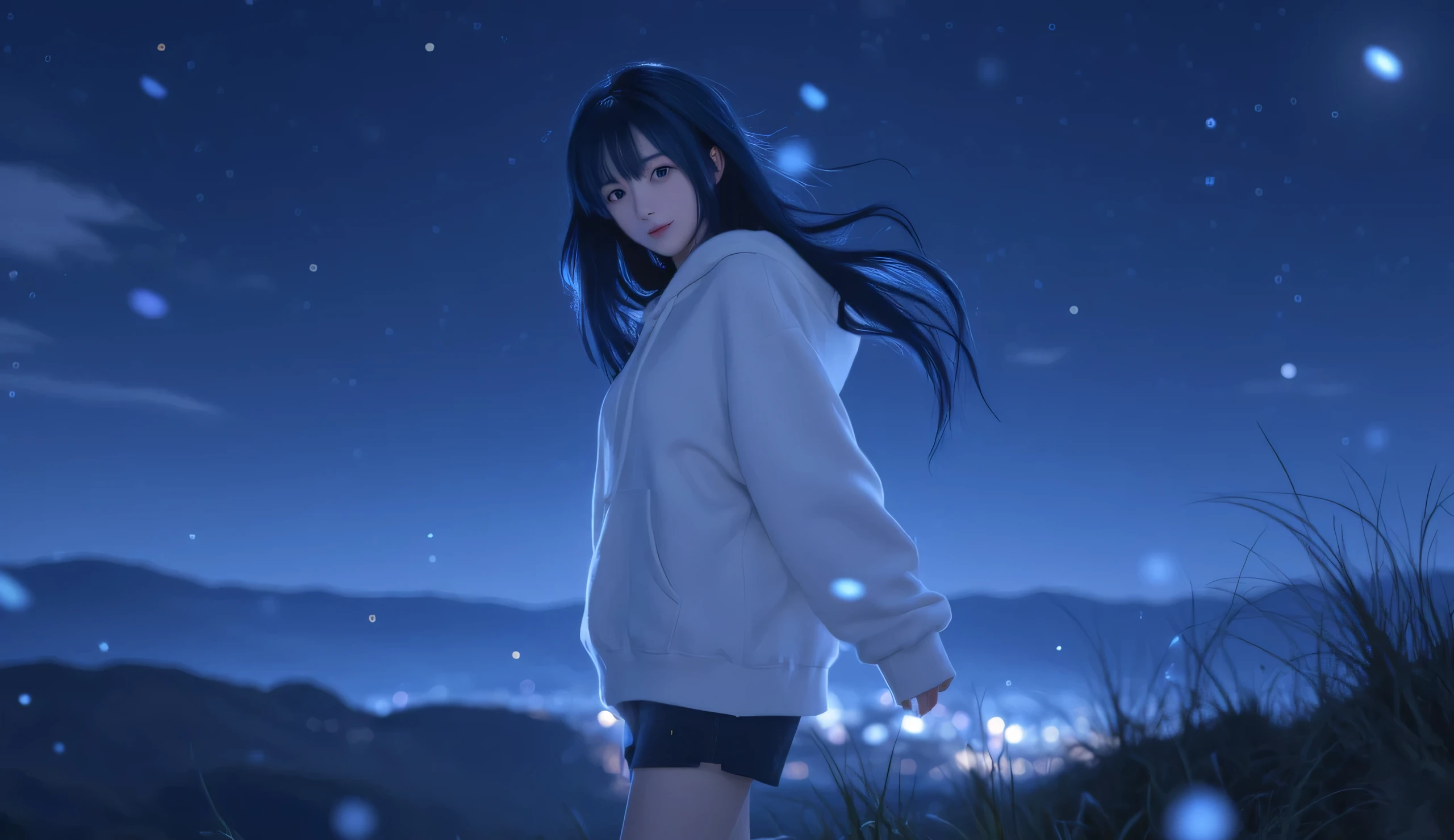 Masterpiece, Best Quality, Top Quality, Very Detailed, A serene anime-style girl with long, flowing dark blue hair stands on a hilltop under a starry night sky. She wears a cozy white hoodie and dark shorts, her soft gaze reflecting the moonlight. The wind gently lifts her hair, adding a sense of calm and mystery. The background is a dreamy, deep blue landscape with glowing particles floating around, evoking a peaceful yet ethereal atmosphere. The scene is beautifully illuminated by soft ambient light, creating a mesmerizing and tranquil vibe.