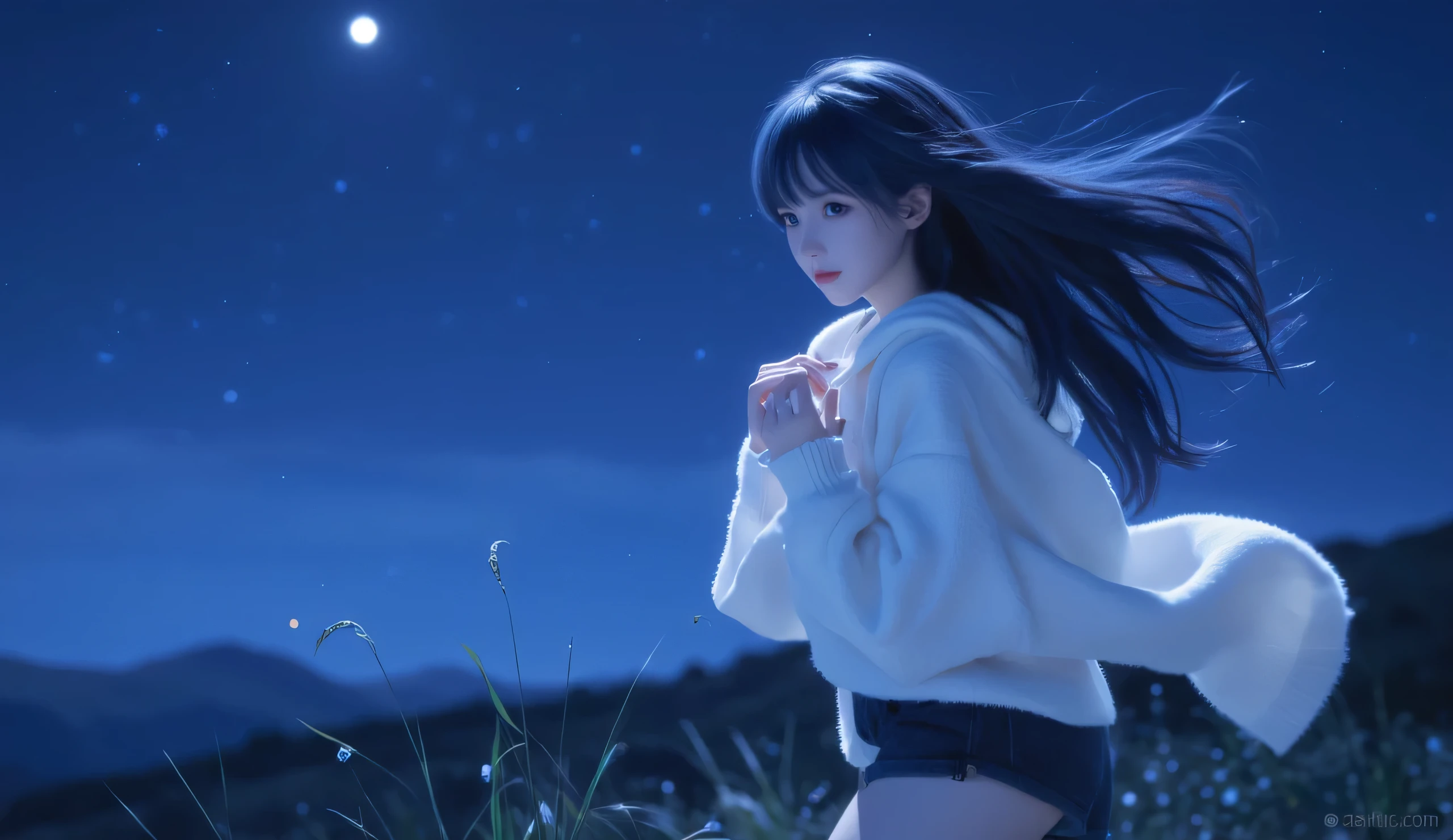 
Masterpiece, Best Quality, Top Quality, Very Detailed, A serene anime-style girl with long, flowing dark blue hair stands on a hilltop under a starry night sky. She wears a cozy white hoodie and dark shorts, her soft gaze reflecting the moonlight. The wind gently lifts her hair, adding a sense of calm and mystery. The background is a dreamy, deep blue landscape with glowing particles floating around, evoking a peaceful yet ethereal atmosphere. The scene is beautifully illuminated by soft ambient light, creating a mesmerizing and tranquil vibe.
