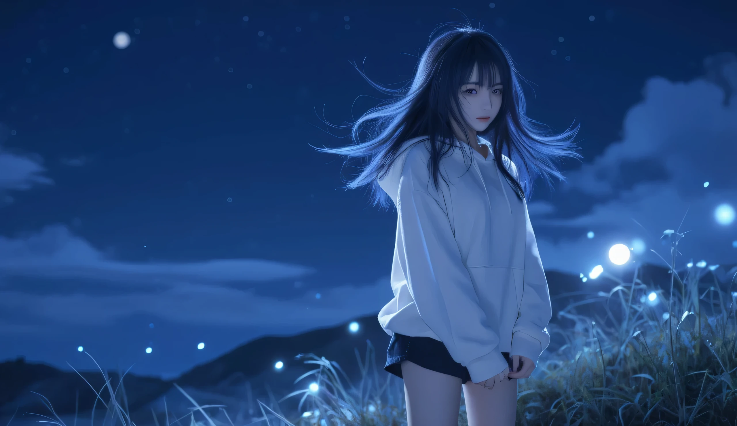 
Masterpiece, Best Quality, Top Quality, Very Detailed, A serene anime-style girl with long, flowing dark blue hair stands on a hilltop under a starry night sky. She wears a cozy white hoodie and dark shorts, her soft gaze reflecting the moonlight. The wind gently lifts her hair, adding a sense of calm and mystery. The background is a dreamy, deep blue landscape with glowing particles floating around, evoking a peaceful yet ethereal atmosphere. The scene is beautifully illuminated by soft ambient light, creating a mesmerizing and tranquil vibe.