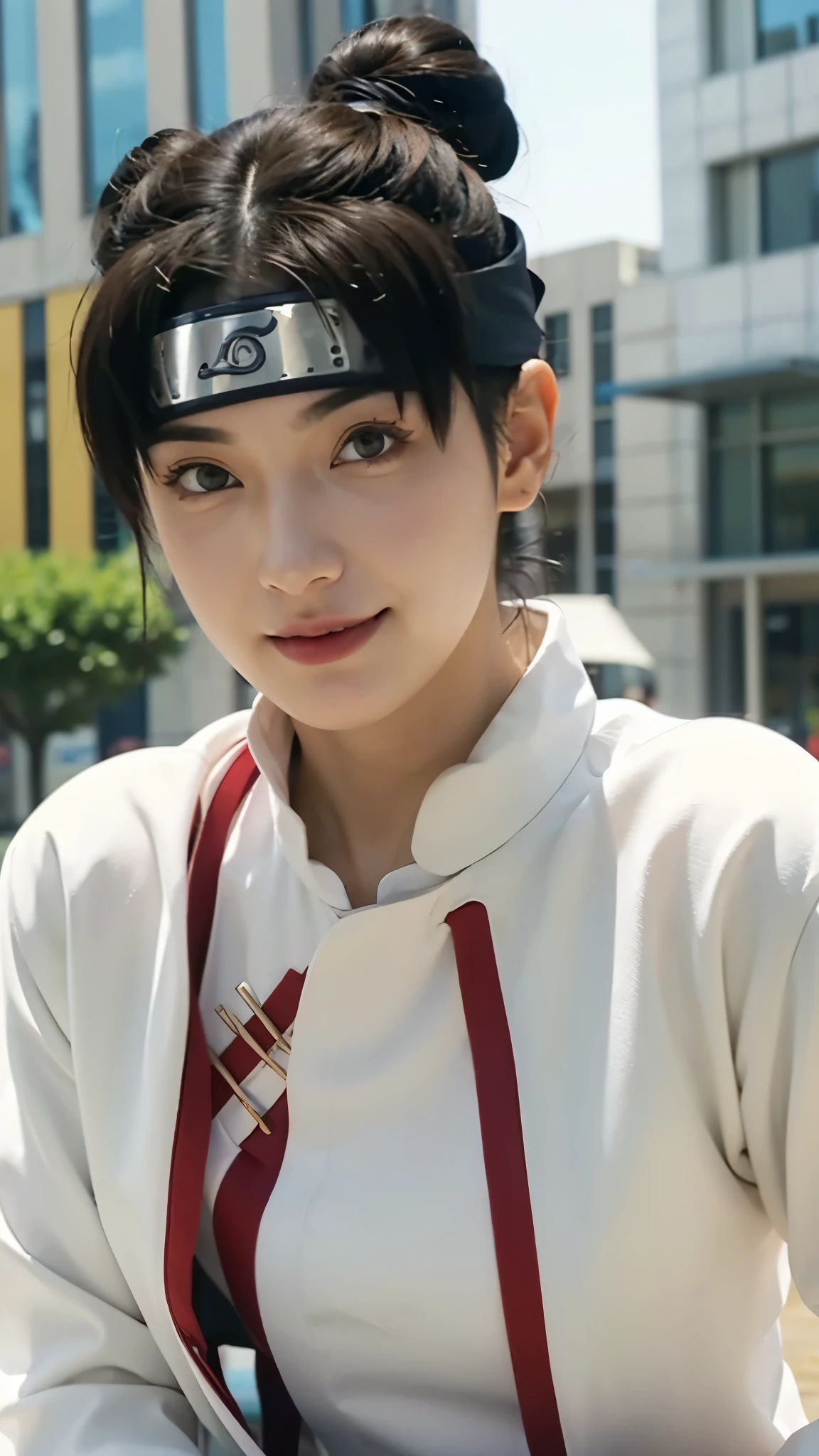 a close up of a person with short hair and a white jacket, tenten, tenten from naruto shippuden, as an anime character, perfect anime face, she has brown hair with bangs, shemale anime character, anime character, anime best male, hime cut hairstyle, brown hair, black eyes, smile, realistic, ultra detail, city background, (beautiful face:1.3)