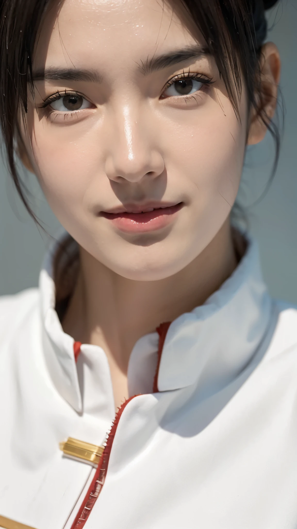 a close up of a person with short hair and a white jacket, tenten, tenten from naruto shippuden, as an anime character, perfect anime face, she has brown hair with bangs, shemale anime character, anime character, anime best male, hime cut hairstyle, brown hair, black eyes, smile, realistic, ultra detail, city background, (beautiful face:1.3)