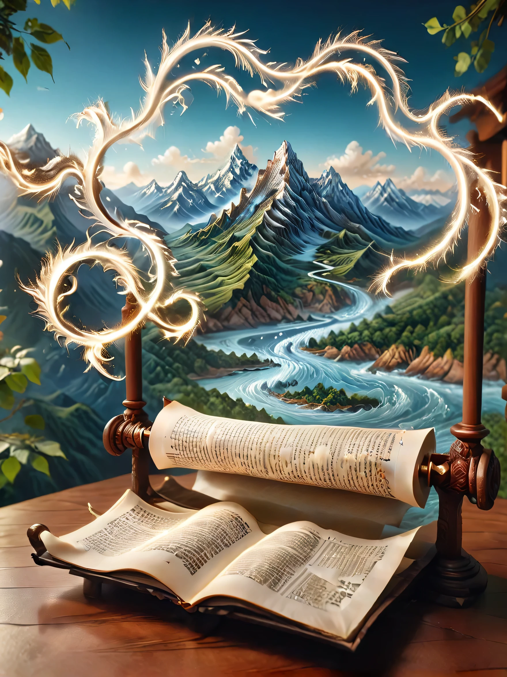 An open scroll floats in the air, with some ancient texts. On the open scroll are several ancient poets., with illustrations of mountains and rivers in the background. With undulating mountain ranges, seda, macro, high definition and ultra realistic, Long waves, profile , macro perspective, view from above , elegant
