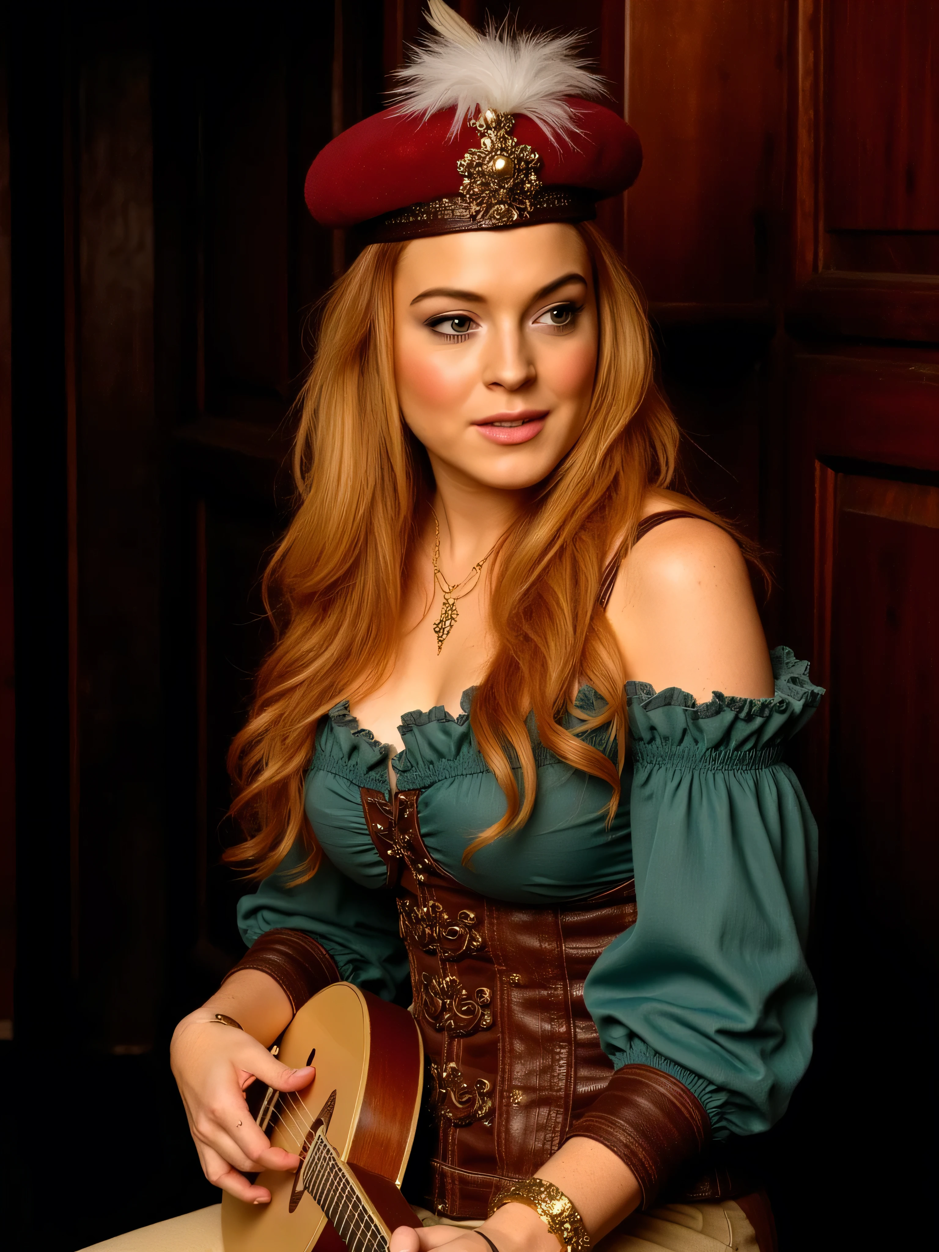 professional studio photo shoot of Lindsay Lohan as Priscilla, beautiful female bard, long wavy blonde hair, playing a small lute, dimly lit medieval tavern, stylish Renaissance-inspired outfit: an elegant teal off-shoulder blouse with ruffled edges, golden embroidery, fitted corset with intricate golden details and leather straps, puffed sleeves, gathered at the wrists, matching pair of light-colored tight-fitting leggins, luxurious burgundy beret with a large white feather and a decorative metal brooch, gold necklace on collarbone, golden bracelet on wrist, candlelight warm glow, serene focused expression, strums the lute, dark drapery, wooden interiors, cozy immersive medieval fantasy atmosphere, cowboy shot, wotr_portrait