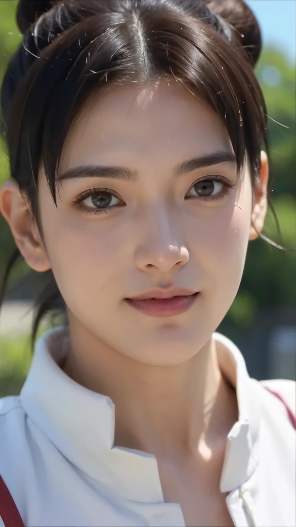 a close up of a person with short hair and a white jacket, tenten, tenten from naruto shippuden, as an anime character, perfect anime face, she has brown hair with bangs, shemale anime character, anime character, anime best male, hime cut hairstyle, brown hair, black eyes, smile, realistic, ultra detail, city background, (beautiful face:1.3)