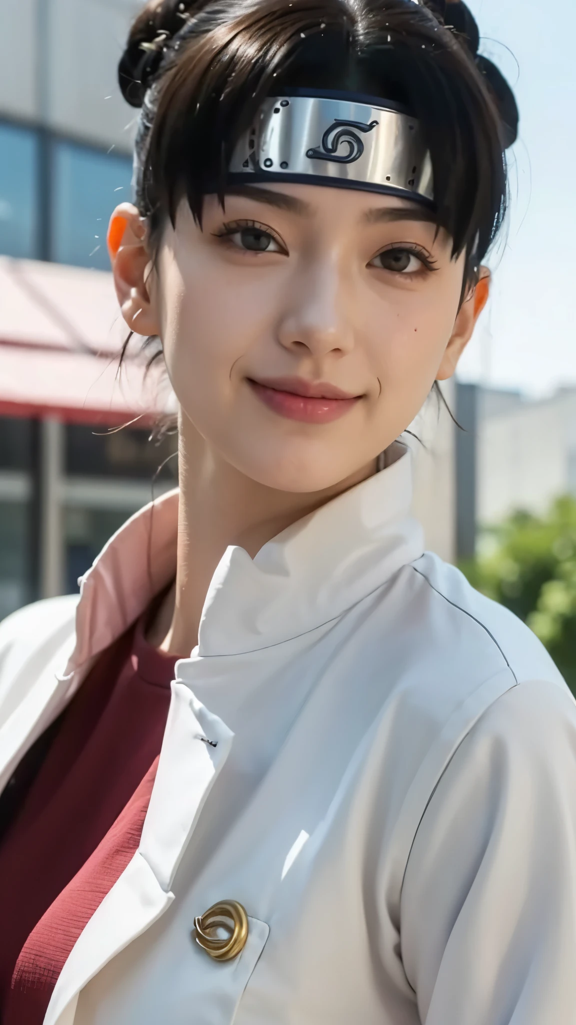 a close up of a person with short hair and a white jacket, tenten, tenten from naruto shippuden, as an anime character, perfect anime face, she has brown hair with bangs, shemale anime character, anime character, anime best male, hime cut hairstyle, brown hair, black eyes, smile, realistic, ultra detail, city background, (beautiful face:1.3)