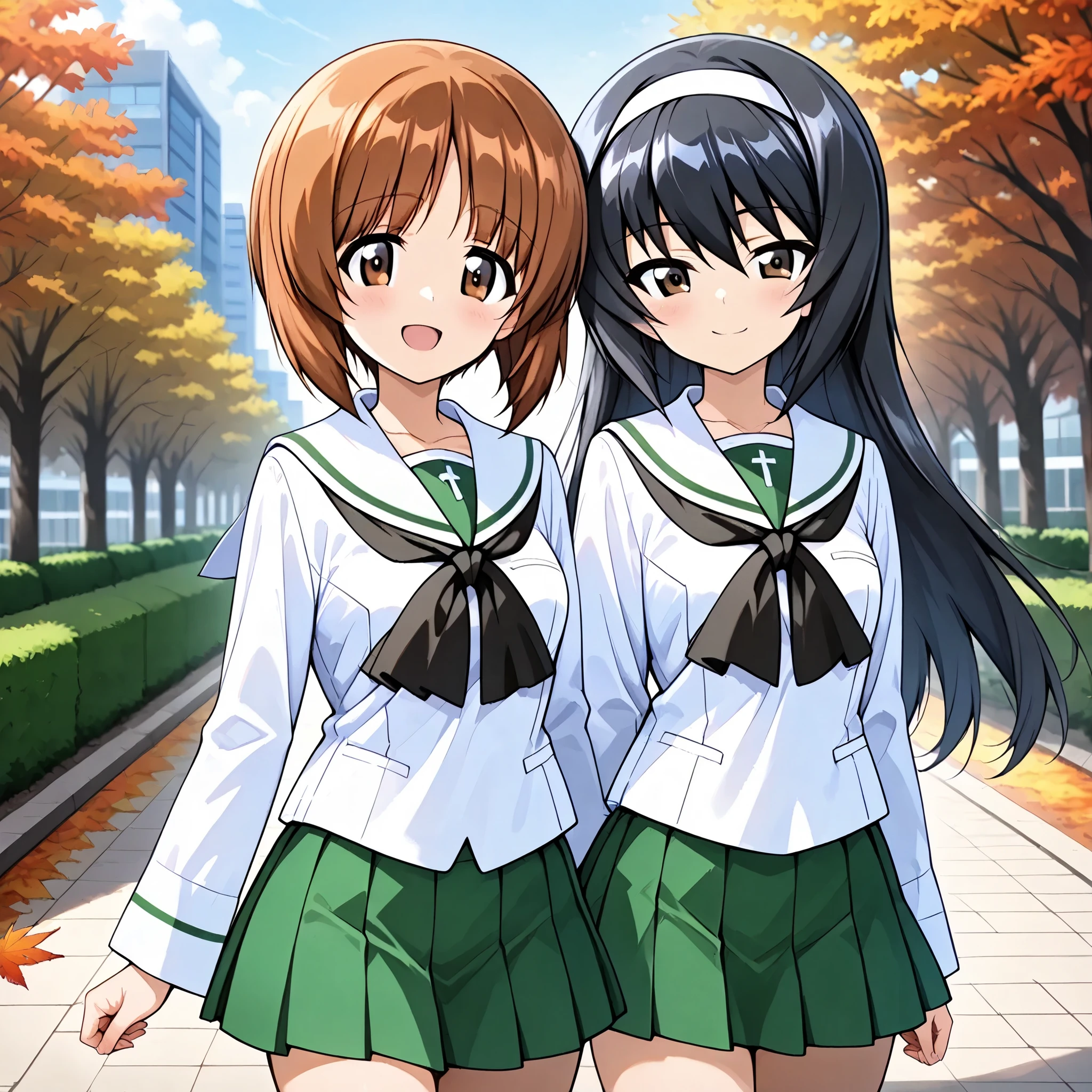 high resolution, best quality, Super Quality , two girls、smile、(Reizei Mako、 white hair band, black hair、 Brown Eyes, long hair)、Nishizumi Miho , 綺麗な Brown Eyes, Attractive brown eyes、 brown beautiful hair, bob cut )、Uniform up、 ( Oarai school uniform :1.3),White sailor collar, black neckerchief , white shirt, Long Sleeve , Green Skirt 、 outdoor、Maple、autumn leaves
