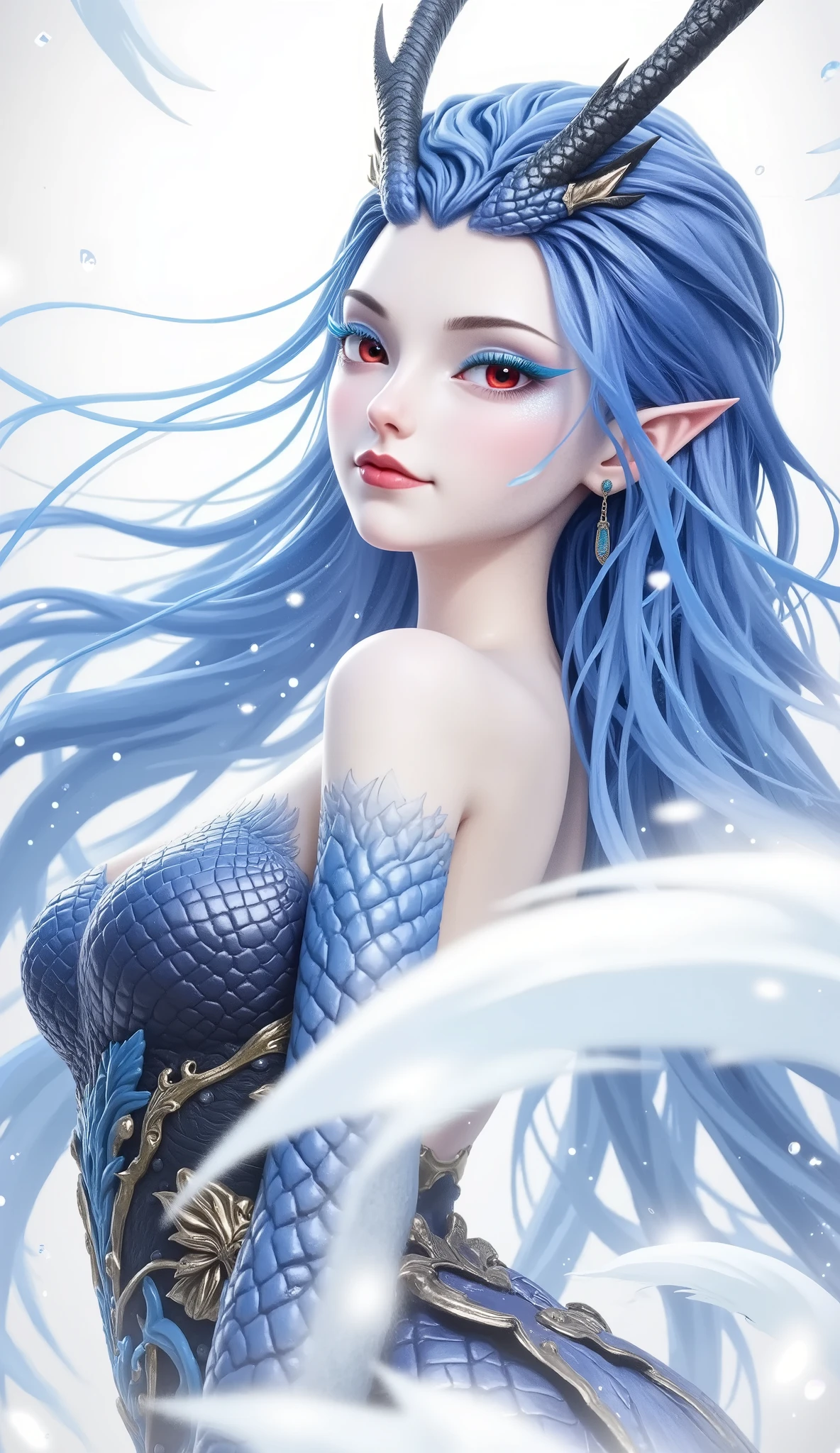 Dragon Girl, Unique , blue hair, She will freeze magic, red eyes,Blue eyelashes,She will freeze magic, red eyes,Blue eyelashes, huge chest , Exposed , huge chest , huge breasts, reveals breasts, huge chest , huge breasts, huge chest , huge breasts, huge breasts, huge chest , huge breasts, reveals breasts
