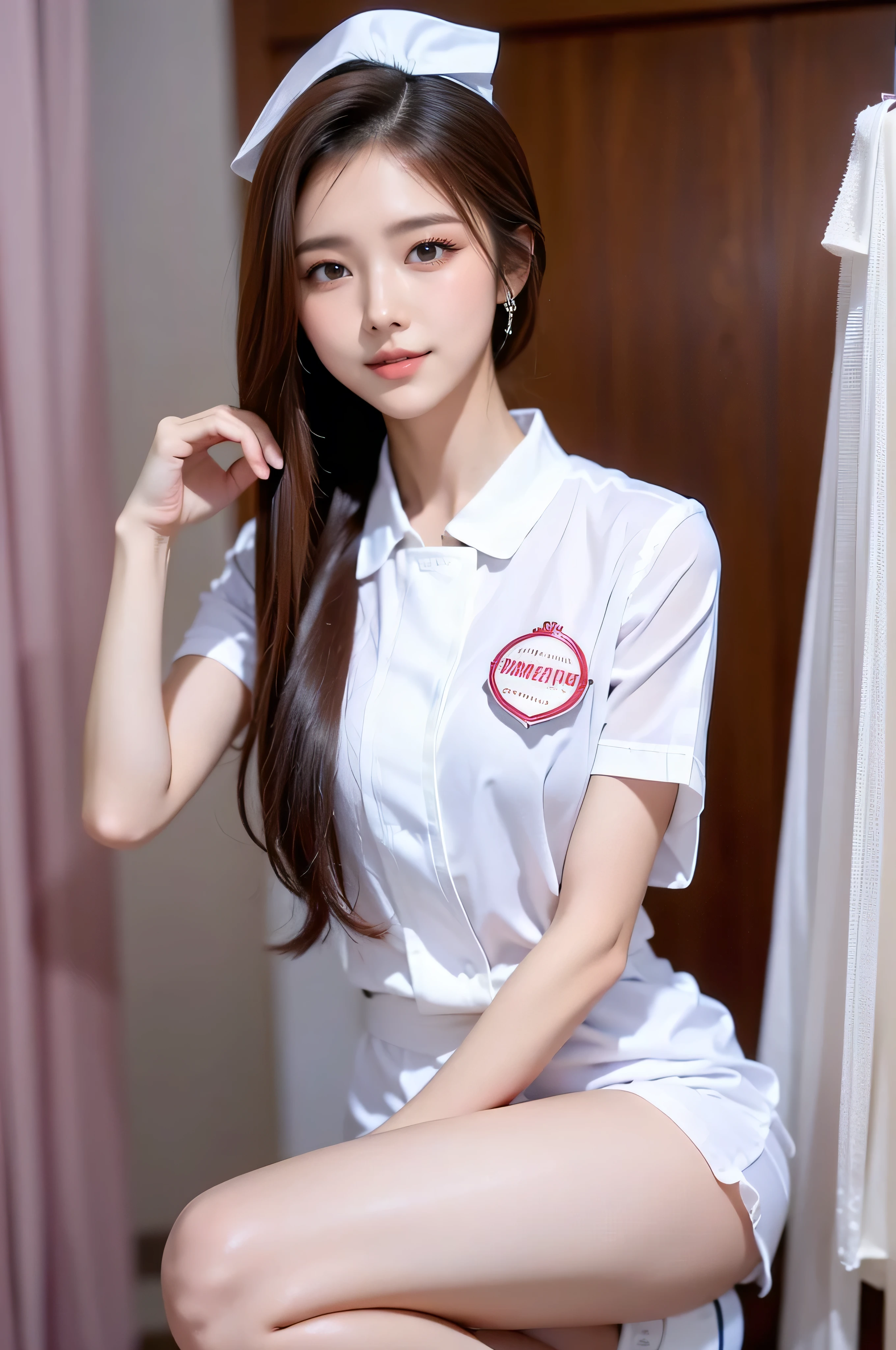 (Realistic:1.2),(Masterpiece,highest quality),8k,((One Woman)),20-year-old,Tight waist,Big Hips,Perfect Anatomy, Brown Hair, Wavy Hair,Random Hairstyles,Big beautiful breasts,((Highly detailed face and eyes))(Cute Face:1.4),Beautiful actress face,Perfect golden ratio face,Women、Random sexy poses,A face that is holding something back、(garter belt、White micro mini nurse uniform)