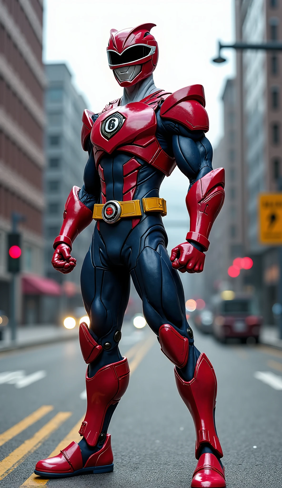 a man wearing a red costume,. Red helmet highly detailed, dynamic pose, high quality, photorealistic, intricate costume design. Detail costume. Honeycomb design, musculature, strong lighting,lizard hero cinematic angle, dramatic shadows, vibrant colors, comic book style. Circle logo on chest." C" logo on chest.. glowing eyes yellow."