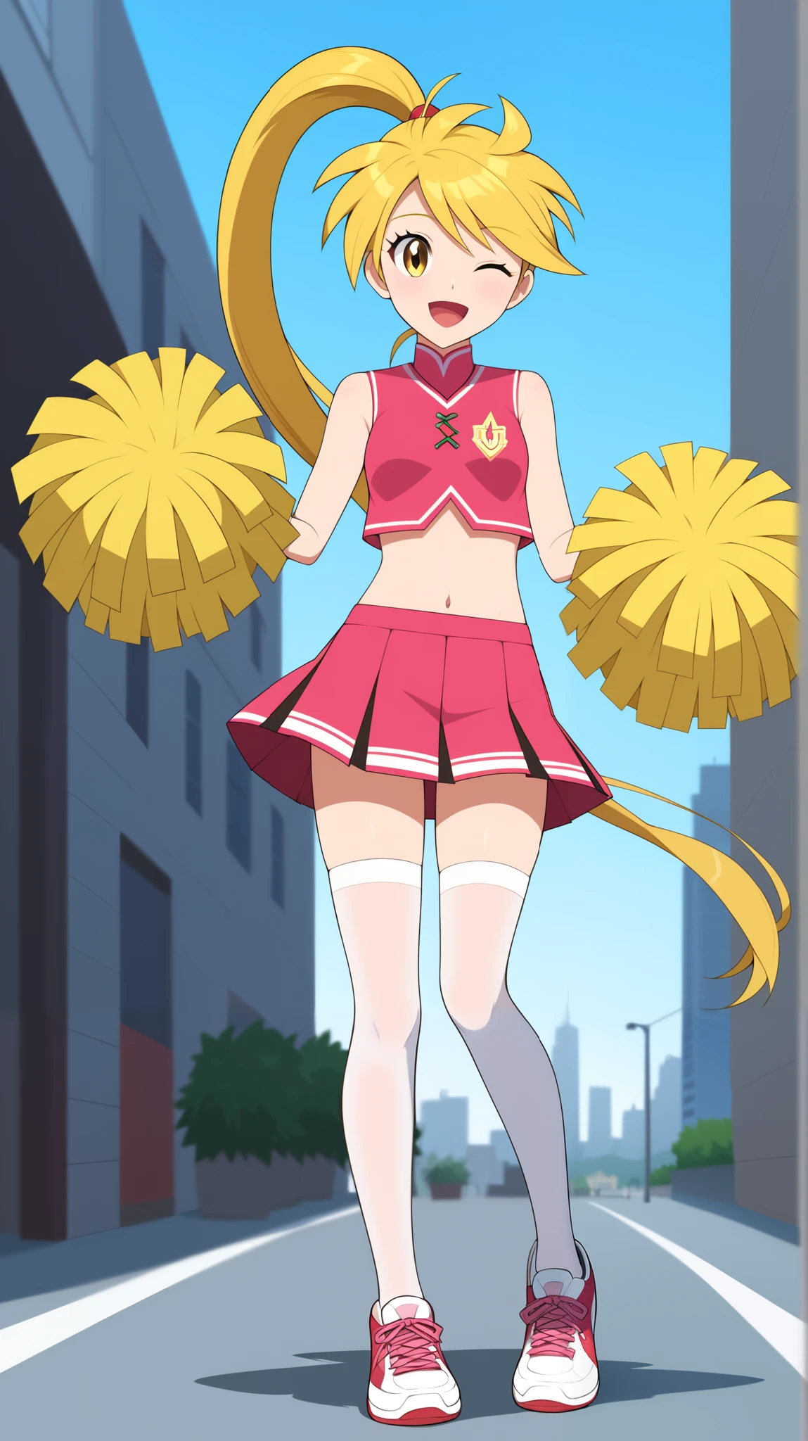 (( best quality)), (( Masterpiece)), ( Details), 1girl , Two legs, two arms, golden hair color, ponytail, long hair, yellow eyes, cheerleader, pink sleeveless shirt without gloves, pink pleated mini skirt , white knee-high stockings reflective on glass floors, absolute domain, thighs, white lace up shoes , Height, anime coloring book, viewers, 1 Female, Age 17, standing, whole body, Pom-pom, slim figure, sexy smile, seductive smile, wink, Close one eye, open your mouth, City, (\ Pokémon\), score_9, score_8_ excellent, score_7_ excellent, score_6_ excellent, source_Anime, Cell Shading , FLAT COLOR , vector,
