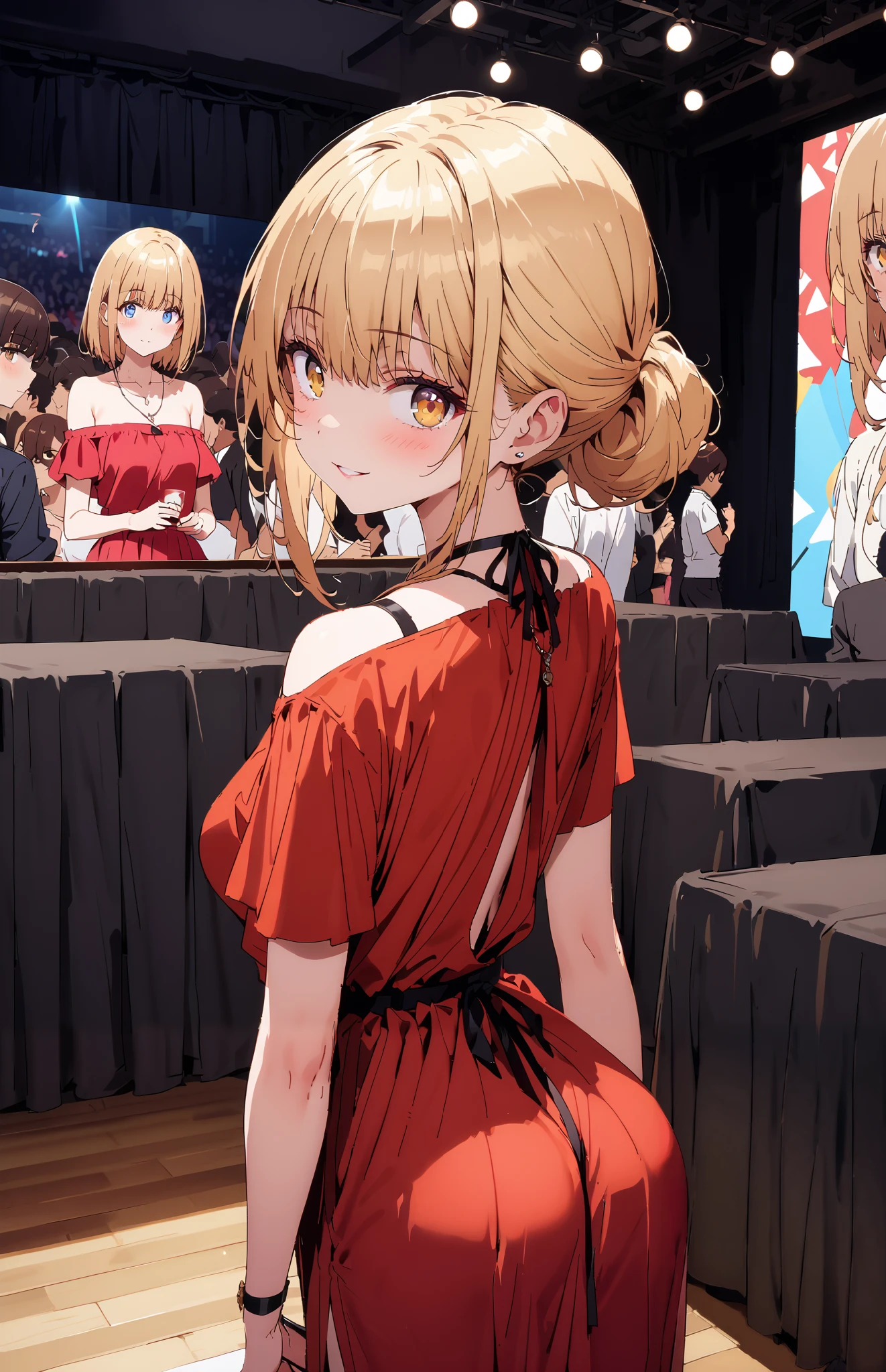 It's so dizzying, Mahiru Shiina, Alone,bangs, blonde hair, brown hair, yellow eyes, half up do, off shoulder dress,Short sleeve,A dress that shows your back,Long slit,Bare legs, pin heels, egg looking back in the vagina,smile,blush, open your mouth, table, beautiful night view with depth, pin heels,crowd, like the whole body is in the illustration,
break indoors, party venue, stage,
break looking at viewer,
break ( Masterpiece:1.2), best quality , kampala, Unity 8K Wallpaper ,(shape:0.8),( fine, beautiful eyes :1.6),It's a person , full body photo,CG Details , ( perfect hands, complete ),