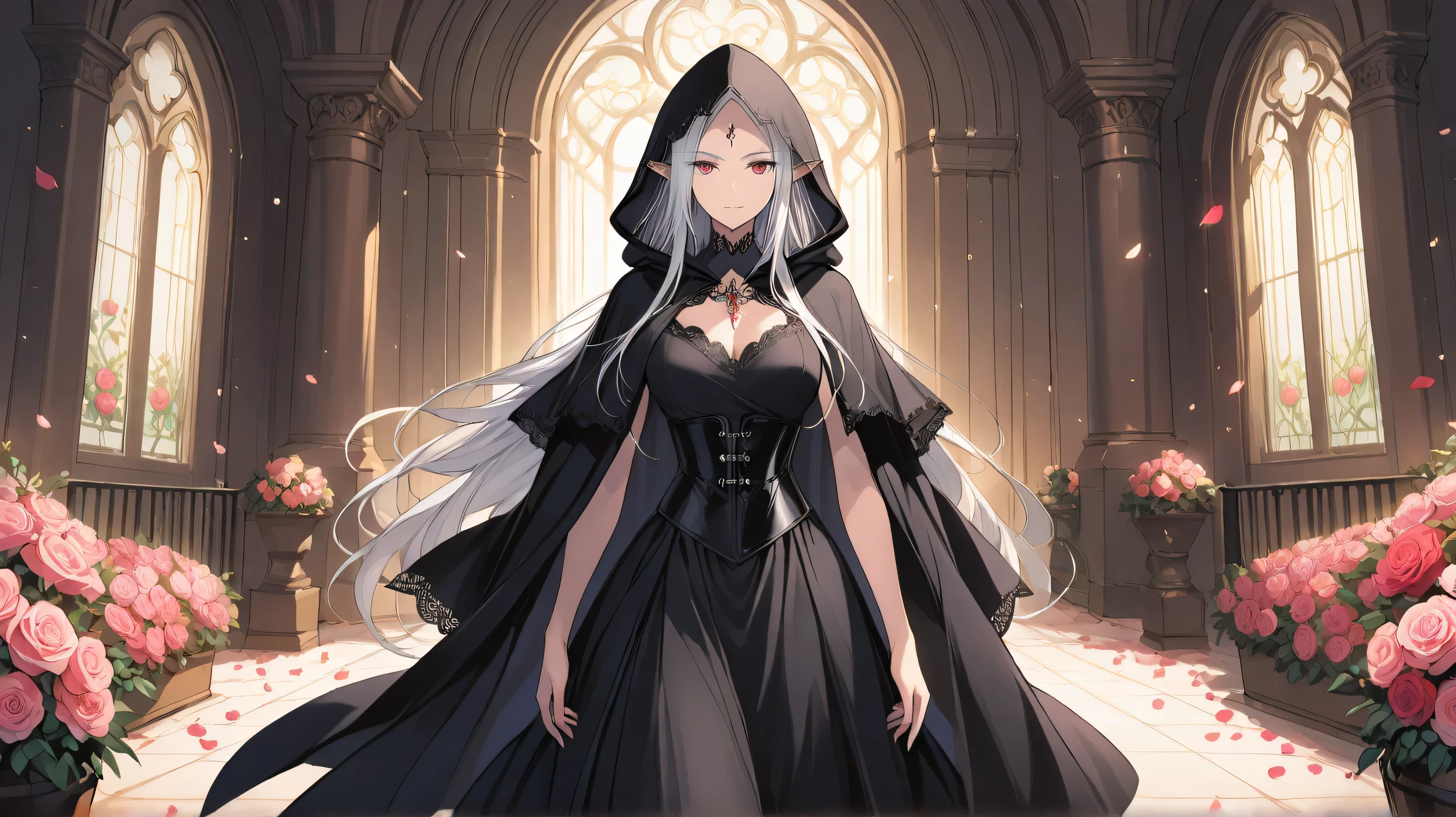 
Masterpiece, Best Quality, Top Quality, Very Detailed, A stunning dark elf warrior queen walking gracefully through a grand, sunlit gothic garden filled with vibrant roses. She has piercing eyes and an air of authority, wearing an elegant black corset gown with intricate lace details and a flowing cape. Her hood partially covers her sharp, elven ears, adding a sense of mystery. She carries a sleek, deadly sword in one hand, and the soft glow of sunlight filtering through the wrought-iron gates creates a mesmerizing contrast between light and shadow. Rose petals float gently around her, emphasizing her regal presence.