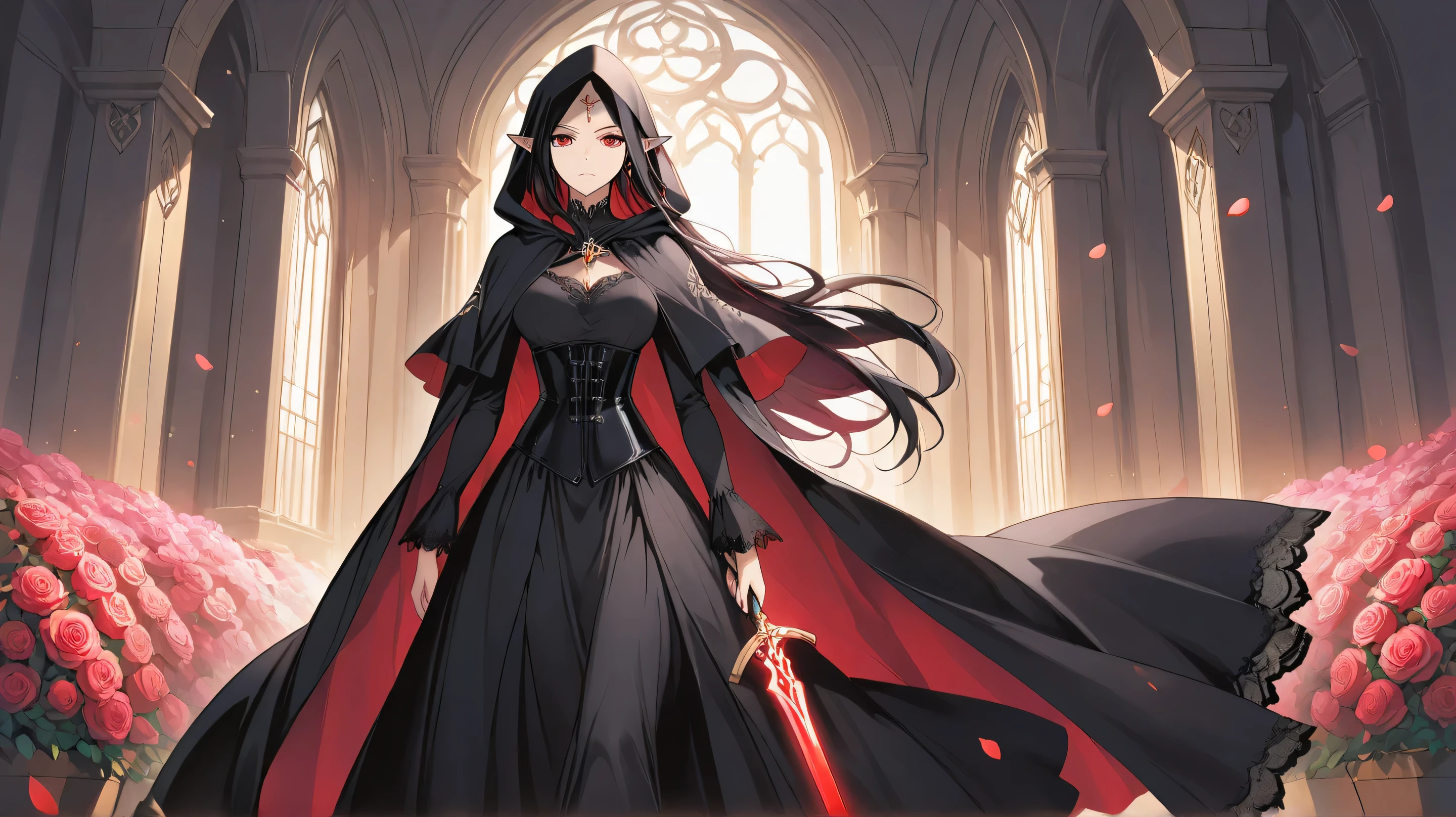 Masterpiece, Best Quality, Top Quality, Very Detailed, A stunning dark elf warrior queen walking gracefully through a grand, sunlit gothic garden filled with vibrant roses. She has piercing eyes and an air of authority, wearing an elegant black corset gown with intricate lace details and a flowing cape. Her hood partially covers her sharp, elven ears, adding a sense of mystery. She carries a sleek, deadly sword in one hand, and the soft glow of sunlight filtering through the wrought-iron gates creates a mesmerizing contrast between light and shadow. Rose petals float gently around her, emphasizing her regal presence.