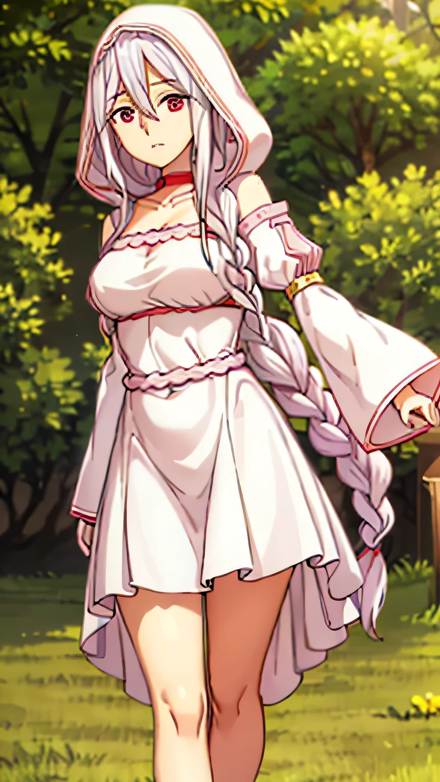 ç½ç»,1girl,expressionless,long braid,hair over shoulder,colored eyelashes,red eyes, ç½,white hood,hood up,red choker,bare shoulders,cleavage,big breast, big heart, first-rate breast, sexy waist,white dress,detached sleeves,long sleeves,wide sleeves, adult,Beautiful Finger,Beautiful long legs,Beautiful body,Beautiful Nose,Beautiful character design, perfect eyes, perfect face,expressive eyes, looking at viewer, extremely detailed CG unity 8k wallpaper, perfect lighting,Colorful, Bright_Front_face_Lighting,shiny skin, (masterpiece:1.0),(best_quality:1.0), ultra high res,4K,ultra-detailed, photography, 8K, HDR, highres, absurdres:1.2, Kodak portra 400, film grain, blurry background, bokeh:1.2, lens flare, (vibrant_color:1.2), (sexy_waist), strapless dress, (beautiful,Chest:1.3 (beautiful_Face:1.5), strapless_dress, mini skirt, full body