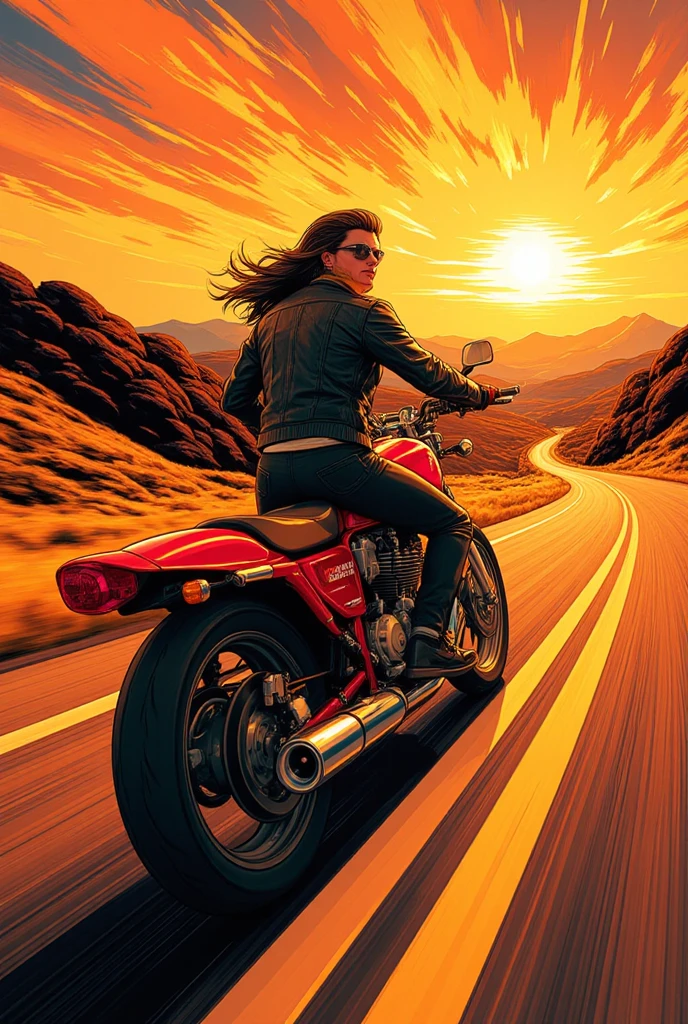  comics「AKIRA」Wind illustration 、Road Trip in the Sunset、Red Bike