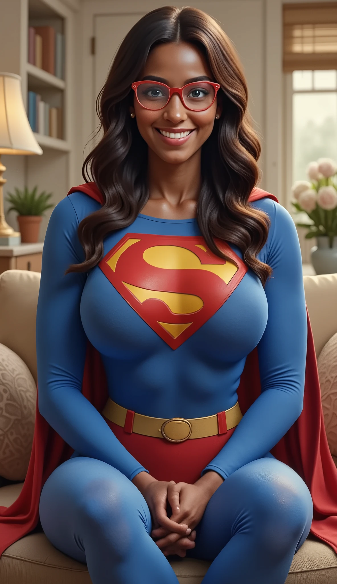 GRACEFULLY SITTING on her couch, LEGS CROSSED, a 19-year-old Black girl, dark-skinned and beaming. She's wearing a brand-new 1980 Superman bodysuit, the latest design, and her joy is infectious. Her long hair flows around her shoulders, catching the light. She's wearing a pair of bright red, almost futuristic glasses, but they can't hide the stunning, sexy blue of her eyes. They sparkle with excitement, reflecting the vibrant colors of the suit. Capture that youthful wonder, that sense of pure glee. She's not posing heroically, just basking in the feeling of embodying her hero. Describe the scene in vivid detail. SUNLIGHT reflects not just the suit, but the power of hope and inspiration it represents for her. Show the texture of the suit, the way it fits her body. Emphasize the genuine, almost like fandom shining in her vibrant blue eyes as she looks at the viewer while weaering her superman suit and cape.