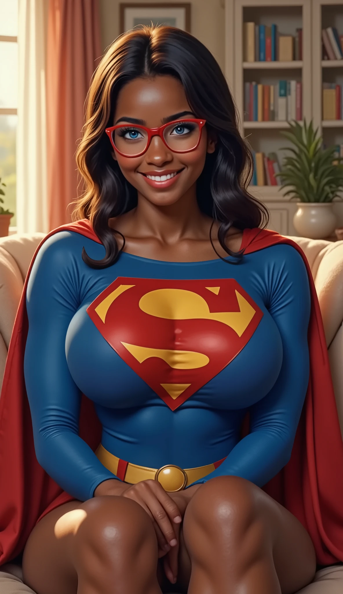 GRACEFULLY SITTING on her couch, LEGS CROSSED, a 19-year-old Black girl, dark-skinned and beaming. She's wearing a brand-new 1980 Superman bodysuit, the latest design, and her joy is infectious. Her long hair flows around her shoulders, catching the light. She's wearing a pair of bright red, almost futuristic glasses, but they can't hide the stunning, sexy blue of her eyes. They sparkle with excitement, reflecting the vibrant colors of the suit. Capture that youthful wonder, that sense of pure glee. She's not posing heroically, just basking in the feeling of embodying her hero. Describe the scene in vivid detail. SUNLIGHT reflects not just the suit, but the power of hope and inspiration it represents for her. Show the texture of the suit, the way it fits her body. Emphasize the genuine, almost like fandom shining in her vibrant blue eyes as she looks at the viewer while weaering her superman suit and cape.
