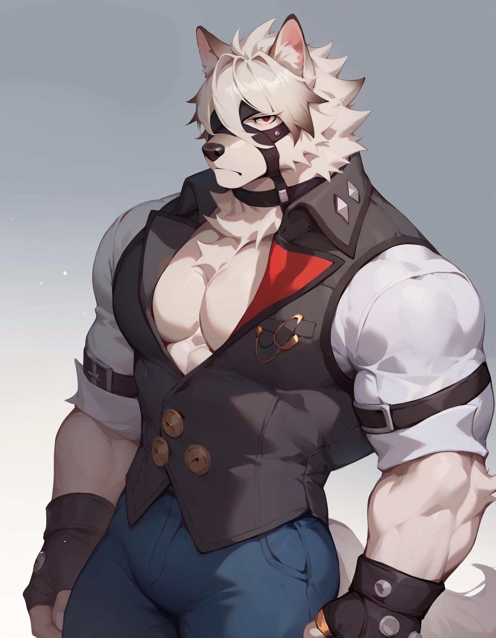 Score_9, Score_8_up, Score_7_up, alone, is from Wolfdog, Werewolf, muscular, red eyes, Button, Eye mask, eye is covered, pants, Wristband, The best band , vest, Fingernails , fingerless gloves ,, Tail, Chest Focus,Chest muscles, male focus , has silver scales all over his body