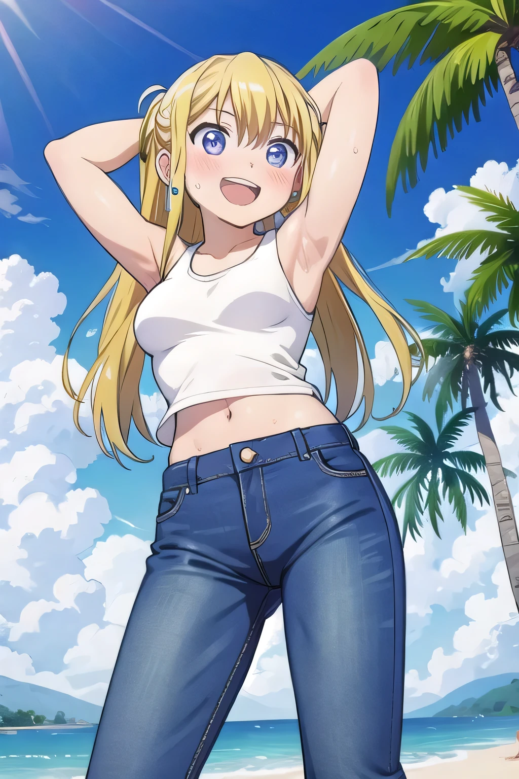 masterpiece,best quality,ultra detail, ((Perfect Face, Perfect Arms, Perfect hands, Perfect Fingers)), 1girl, , peti ((round face, ecstasy, orgasm face, drooping eyes, shame smiling, blush)), dropping eyes, sleepy, Open mouth, ((White teeth)), background((under the beach, (day:1.2), palm tree, bright sky)), winry rockbell, blue eyes, blonde hair, (long hair:1.4), ponytail, earrings, ((arms behind head, hands behind head, fingers behind head)), ((contrapposto)), spread armpits, looking at viewer,, (white tank top:1.2), (white crop top:1.2), (jeans pants:1.2, flares jeans:1.2, skinny jeans:1.2, blue jeans:1.2), standing, (legs spread:1.4), sex pose, Sweaty crotch, Steam from the crotch, from below, whole body