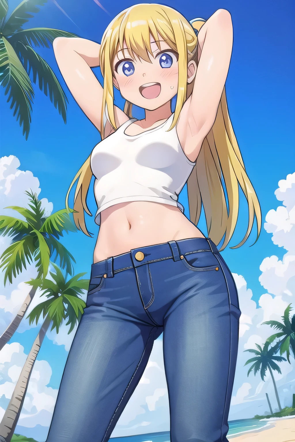 masterpiece,best quality,ultra detail, ((Perfect Face, Perfect Arms, Perfect hands, Perfect Fingers)), 1girl, , peti ((round face, ecstasy, orgasm face, drooping eyes, shame smiling, blush)), dropping eyes, sleepy, Open mouth, ((White teeth)), background((under the beach, (day:1.2), palm tree, bright sky)), winry rockbell, blue eyes, blonde hair, (long hair:1.4), ponytail, earrings, ((arms behind head, hands behind head, fingers behind head)), ((contrapposto)), spread armpits, looking at viewer,, (white tank top:1.2), (white crop top:1.2), (jeans pants:1.2, flares jeans:1.2, skinny jeans:1.2, blue jeans:1.2), standing, (legs spread:1.4), sex pose, Sweaty crotch, Steam from the crotch, from below, whole body