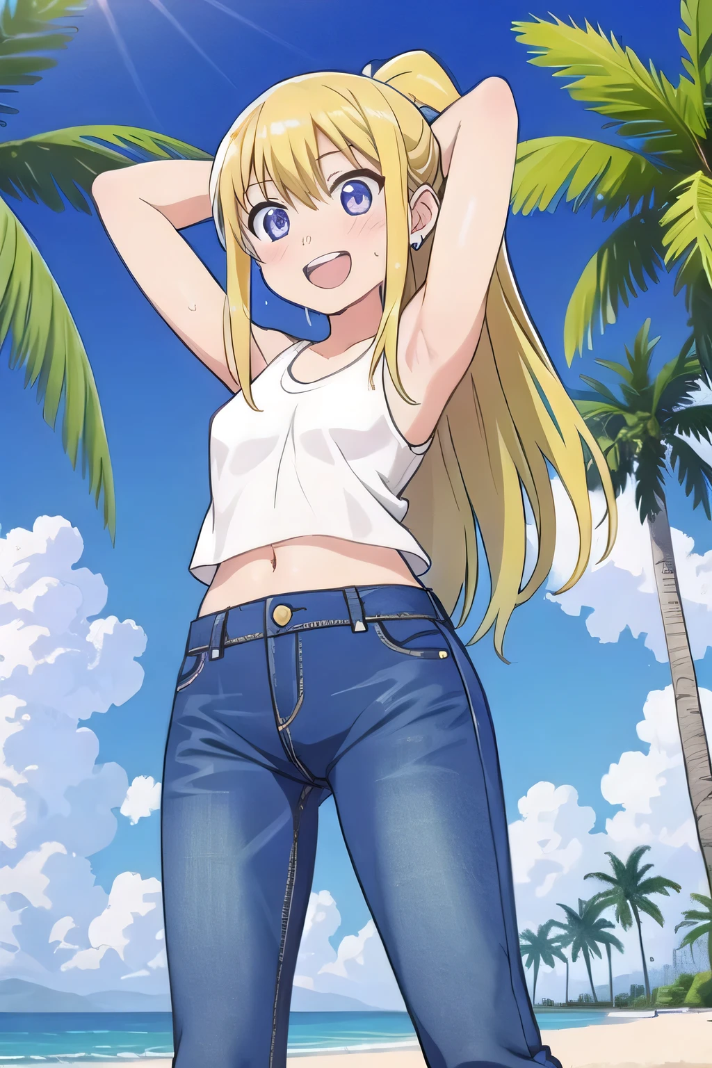 masterpiece,best quality,ultra detail, ((Perfect Face, Perfect Arms, Perfect hands, Perfect Fingers)), 1girl, , peti ((round face, ecstasy, orgasm face, drooping eyes, shame smiling, blush)), dropping eyes, sleepy, Open mouth, ((White teeth)), background((under the beach, (day:1.2), palm tree, bright sky)), winry rockbell, blue eyes, blonde hair, (long hair:1.4), ponytail, earrings, ((arms behind head, hands behind head, fingers behind head)), ((contrapposto)), spread armpits, looking at viewer,, (white tank top:1.2), (white crop top:1.2), (jeans pants:1.2, flares jeans:1.2, skinny jeans:1.2, blue jeans:1.2), standing, (legs spread:1.4), sex pose, Sweaty crotch, Steam from the crotch, from below, whole body