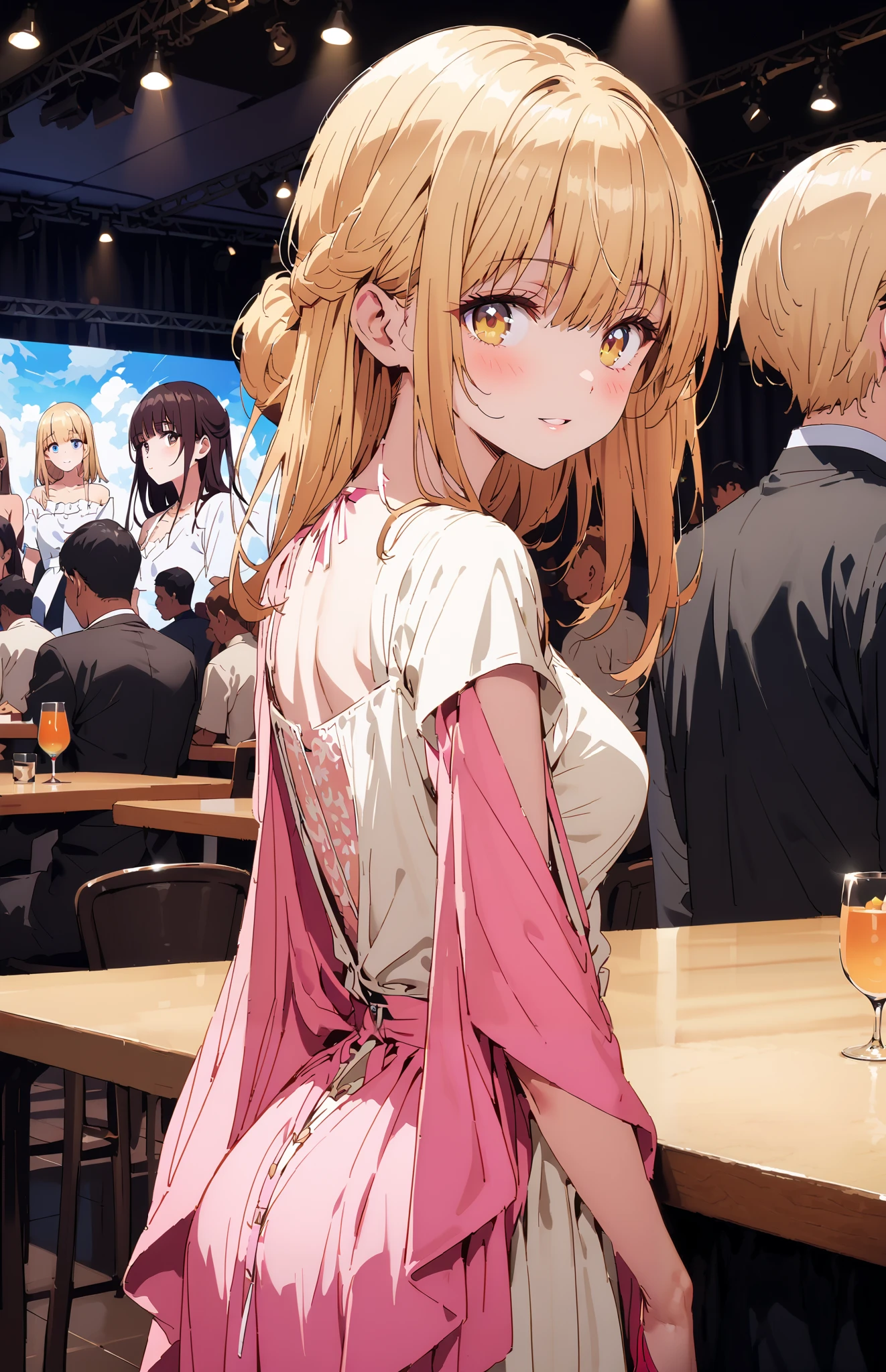 It's so dizzying, Mahiru Shiina, Alone,bangs, blonde hair, brown hair, yellow eyes, half up do, off shoulder dress,Short sleeve,A dress that shows your back,Long slit,Bare legs, pin heels, egg looking back in the vagina,smile,blush, open your mouth, table, beautiful night view with depth, pin heels,crowd, like the whole body is in the illustration,
break indoors, party venue, stage,
break looking at viewer,
break ( Masterpiece:1.2), best quality , kampala, Unity 8K Wallpaper ,(shape:0.8),( fine, beautiful eyes :1.6),It's a person , full body photo,CG Details , ( perfect hands, complete anatomy),