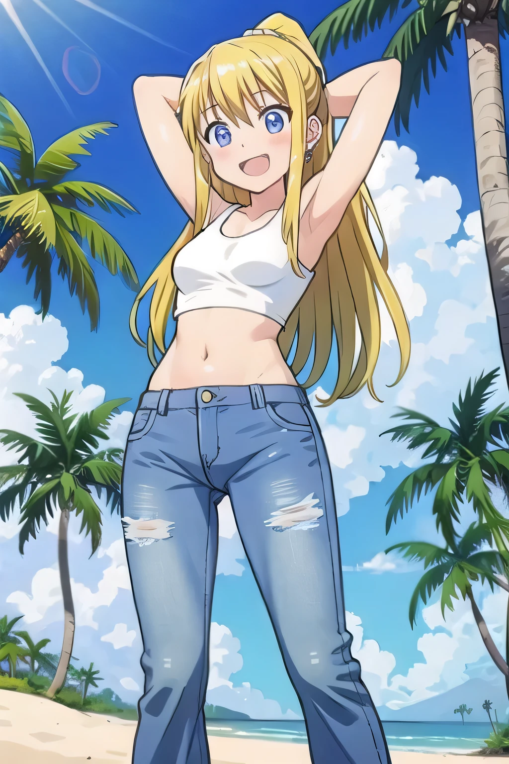 masterpiece,best quality,ultra detail, ((Perfect Face, Perfect Arms, Perfect hands, Perfect Fingers)), 1girl, , peti ((round face, ecstasy, orgasm face, drooping eyes, shame smiling, blush)), dropping eyes, sleepy, Open mouth, ((White teeth)), background((under the beach, (day:1.2), palm tree, bright sky)), winry rockbell, blue eyes, blonde hair, (long hair:1.4), ponytail, earrings, ((arms behind head, hands behind head, fingers behind head)), ((contrapposto)), spread armpits, looking at viewer,, (white tank top:1.2), (white crop top:1.2), (jeans pants:1.2, flares jeans:1.2, skinny jeans:1.2, blue jeans:1.2), standing, (legs spread:1.4), sex pose, Sweaty crotch, Steam from the crotch, from below, whole body