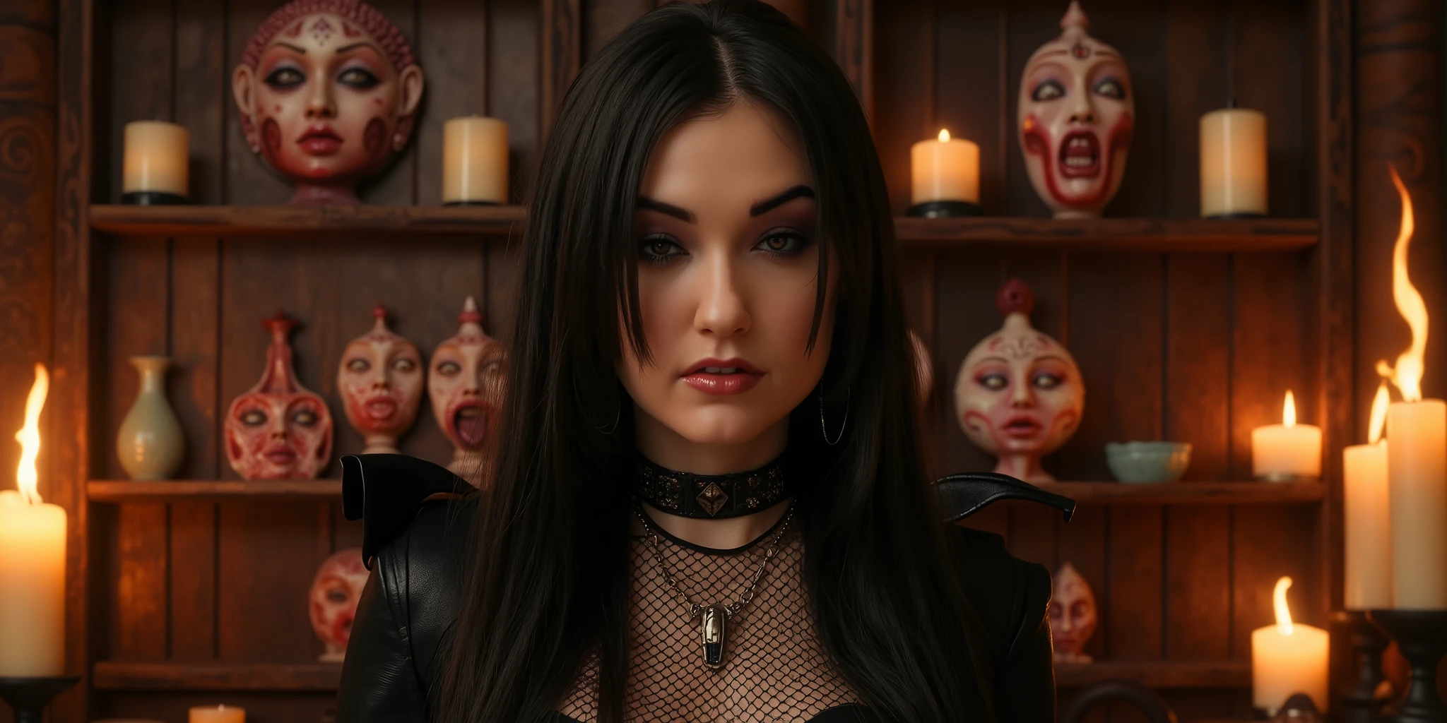 Create a scene featuring a female character a beautiful Cenobite like from Clive Barker, with long, vibrant black hair styled dramatically. face like Ana de Armas. She is wearing an edgy outfit made of fishnet and leather, adorned with gothic accessories like chokers and earrings. The setting is a mystical room decorated , surrounded by dark, enchanting elements potions on shelves. The atmosphere is moody yet inviting, evoking a sense of mysterious allure. Candles shaped like celestial beings burn brightly, their flames swirling with a divine aura, creating an enchanting yet serene atmosphere that reflects her connection to the sacred. The air is saturated with the scent of incense, further enriching the magical atmosphere that surrounds this otherworldly being. The entire image is rendered in digital art with a combination of 3D modeling, screen printing and vector art. Photorealistic, 34k, hyper-realistic, best quality, Sony Alpha a7 IV and captures every detail - from the intricate patterns on her clothing to the breathtaking interplay of light.