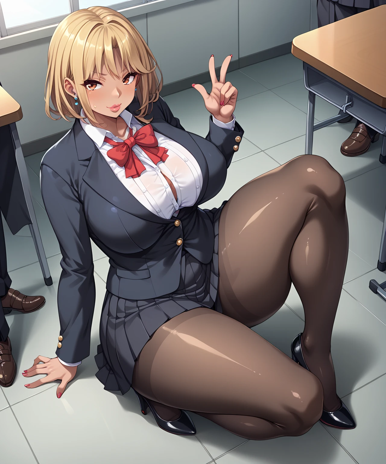 Marin kitagawa,sitting on desk, sitting on desk,fullbody,crossed legs, large breasts,looking at viewer,looking pityfully,high res,high quality, masterpiece ,black tight black skirt, white shirt, black jacket, white heels, black stockings , classroom,sfw, give acess to lick her heel,pulls her foot into the camera to be licked,look from below,look on her heels, pointing on heels,leg very close to camera,mocking smile