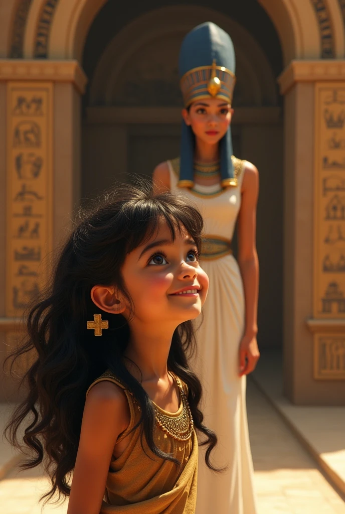 egyptian aesthetics, a person meditating,woman with long black hair,deep in thought,imagining spiritual dimension,angels emerging from thoughts,golden and pink aura,colorful lights in environment,(best quality,8k,highres,masterpiece:1.2),ultra-detailed,realistic,photorealistic:1.37,cinematic lighting,digital painting,fantasy art, egypt architecture