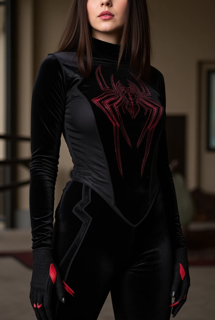 Spider Gwen wearing a black suit with a spider in the center of her chest in white., organic looking suit, frente pegajosa, simbionte, ojos blancos, arte fino, ps5 cinematic screenshot,very detailed cinematic rendering, raytricing ultra fotorrealista, with cinematic lighting