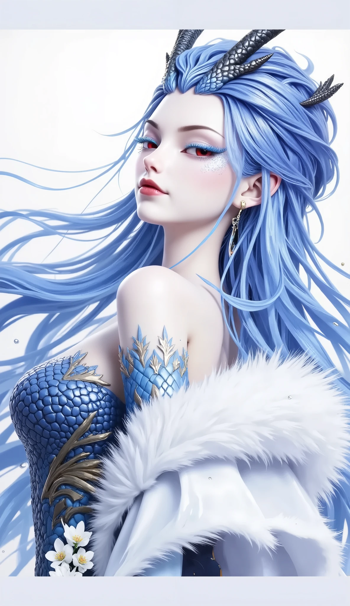 Dragon Girl, Unique , blue hair, She will freeze magic, red eyes,Blue eyelashes,She will freeze magic, red eyes,Blue eyelashes, huge chest , Exposed , huge chest , huge breasts, reveals breasts, huge chest , huge breasts, huge chest , huge breasts, huge breasts, huge chest , huge breasts, reveals breasts