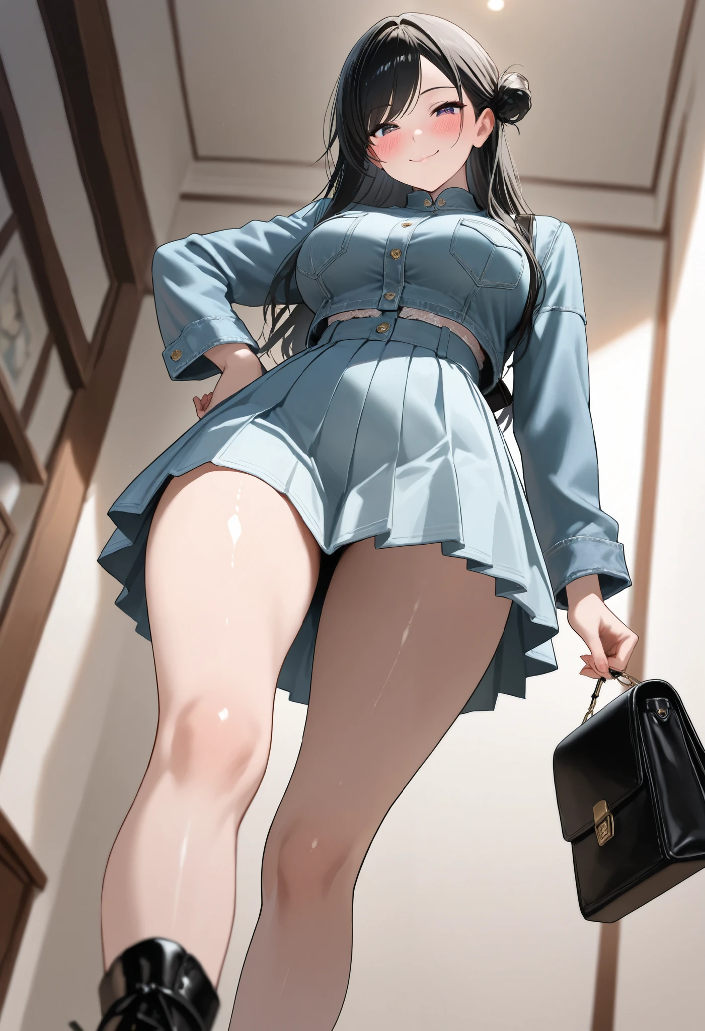 masterpiece, high resolution, beautiful woman, Korean Beauty, 30 years old, tight T-shirt, mini skirt, beautiful woman, standing and looking at me, (high resolution face), (high resolution eyes), from below angle, panty shot, panty