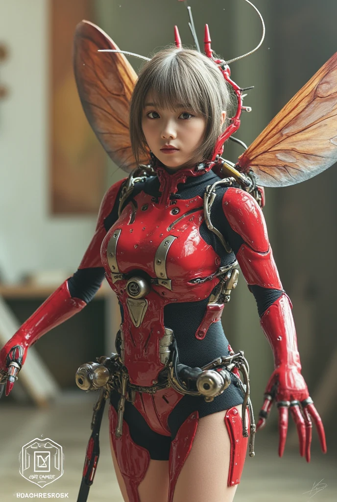 (top-quality:1.2, masterpiece), ultra high res,ultimately surrealism, (Photorealsitic:1.4), (stag beetle-like (mechanical:1.4) (armor:1.1)),mechanical large wings, red porcelain body、mechanical legs, gray hair、glowy skin、1 Cyborg girl、(mechanical frame:1.3), japanese, extremely real face, ((super realistic details)), full body shot, globalillumination, octan render, ultrasharp, character edge light, Details of complex ornaments, Acrylic Clear Cover, Hydraulic cylinder