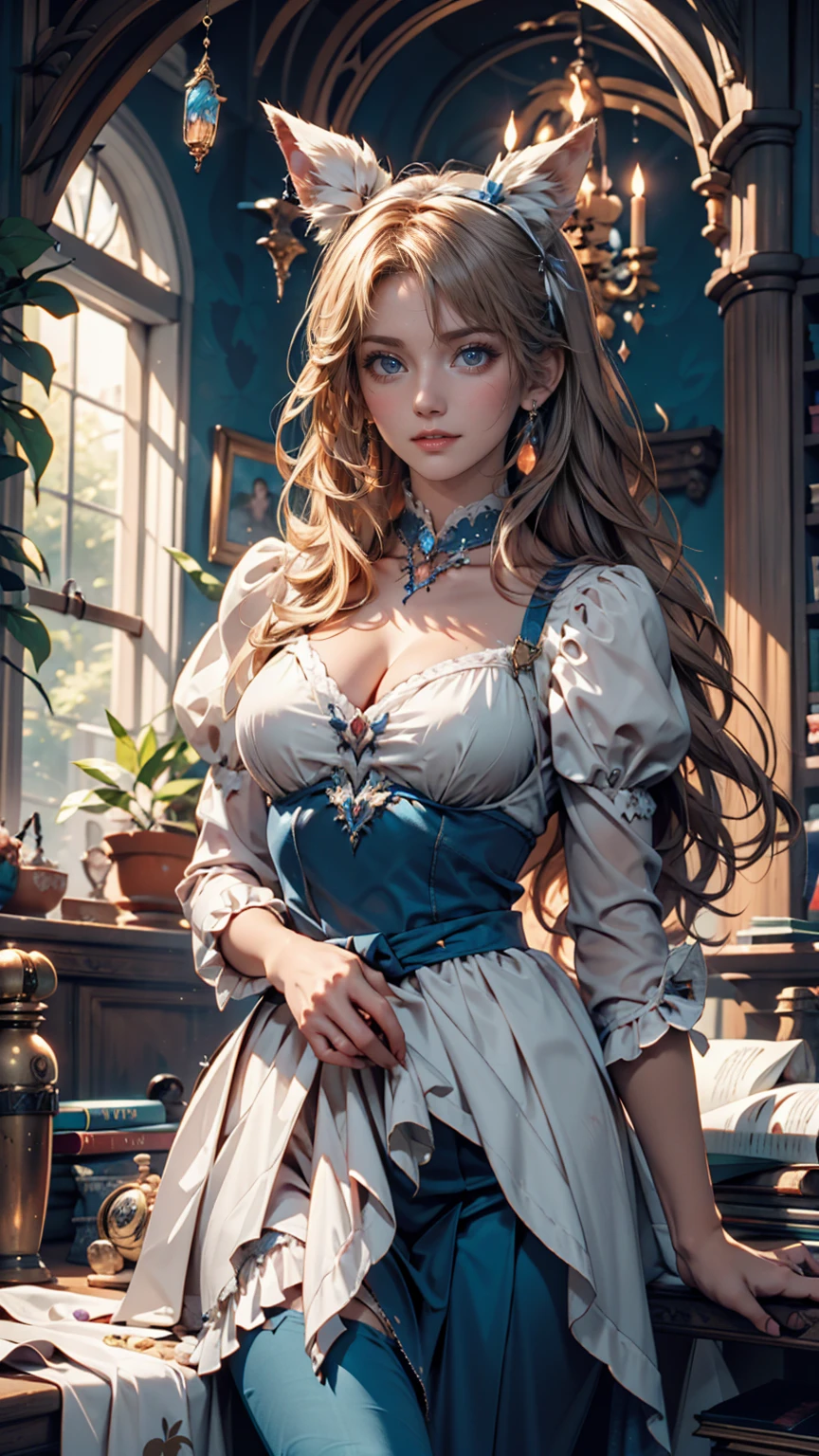 Blue delicate eyes, Alice in Wonderland、Sexy proportions、Provocative facial expression、Clock Object Background