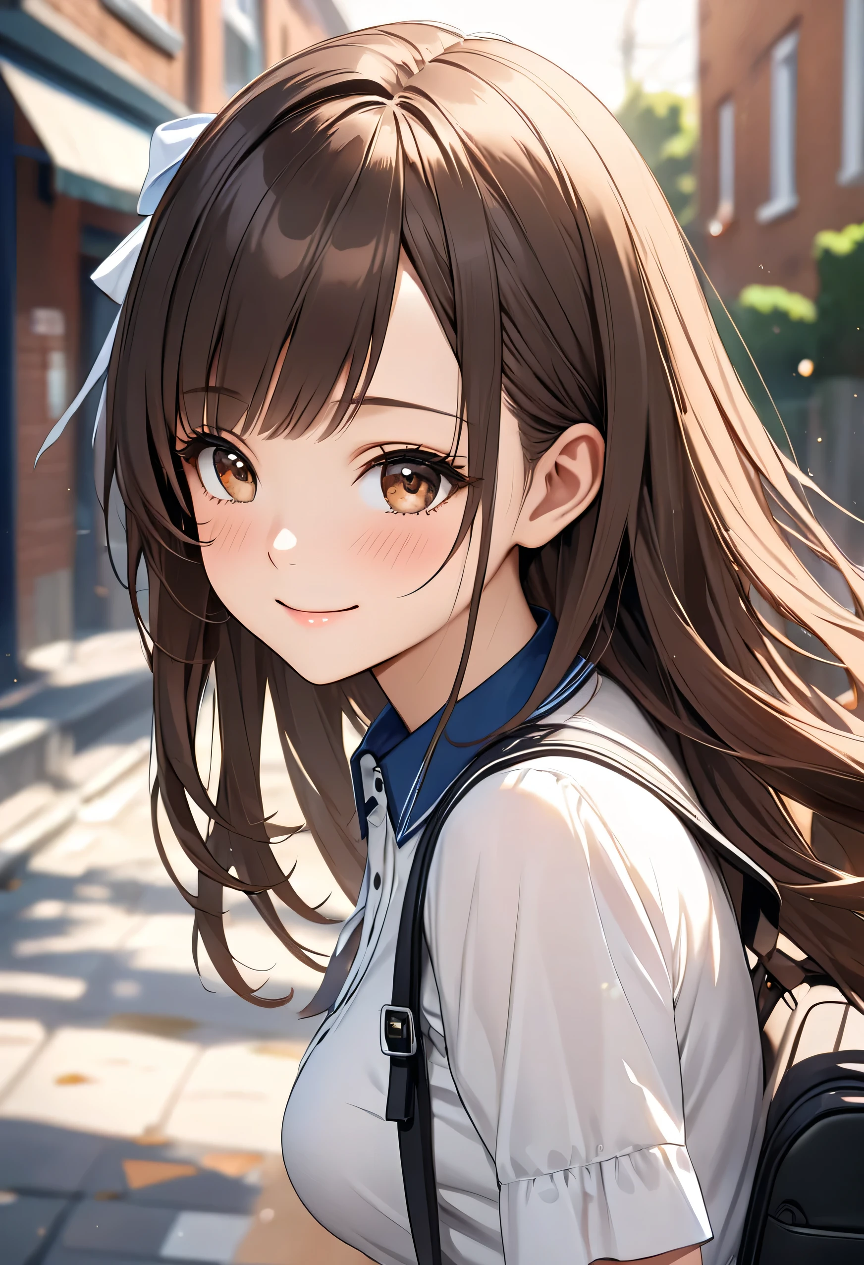 Anime girl with long brown hair and a backpack walking down a street ...