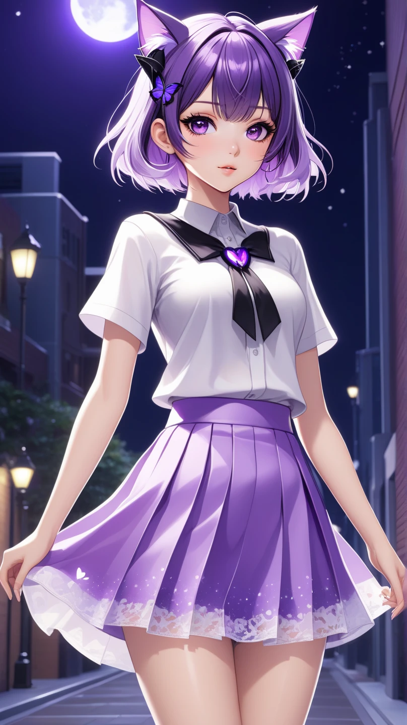 She has short, chin-length purple hair in a bob-style with bangs. She wears an white shirt with a purple bow-tie and collar, purple skirt, light blue panties, white socks, and purple Mary Jane-like shoes. SPARKLE; GLITTER