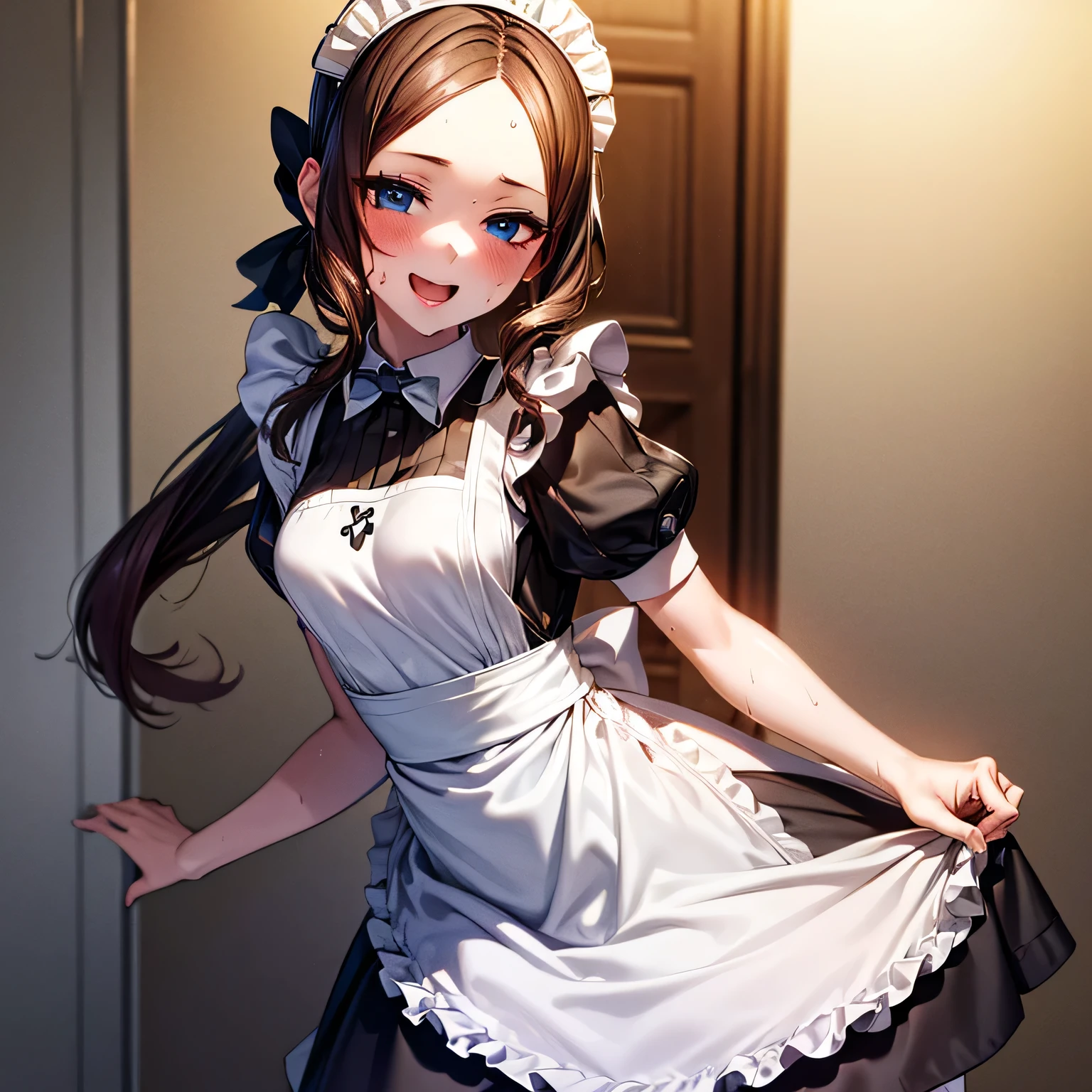 best quality,ultra-detailed,high resolution,extremely detailed CG,perfect anatomy,detailed,cinematic lighting,beautiful detailed eyes,ultra high res,( 1girl :1.5),(ars old:1.4),gleaming skin,oil skin,skindantation,sweat,humid,(clothed:1.9),sweat,Glowing Skin,Beautiful Hair,(To flatter:1.5),( tempts:1.6),looking at viewer,leonardo da vinci, blue eyes, brown hair, long hair, parted bangs,( Slutty Girl :1.4),(maid apron:1.6), open your mouth small,Smile